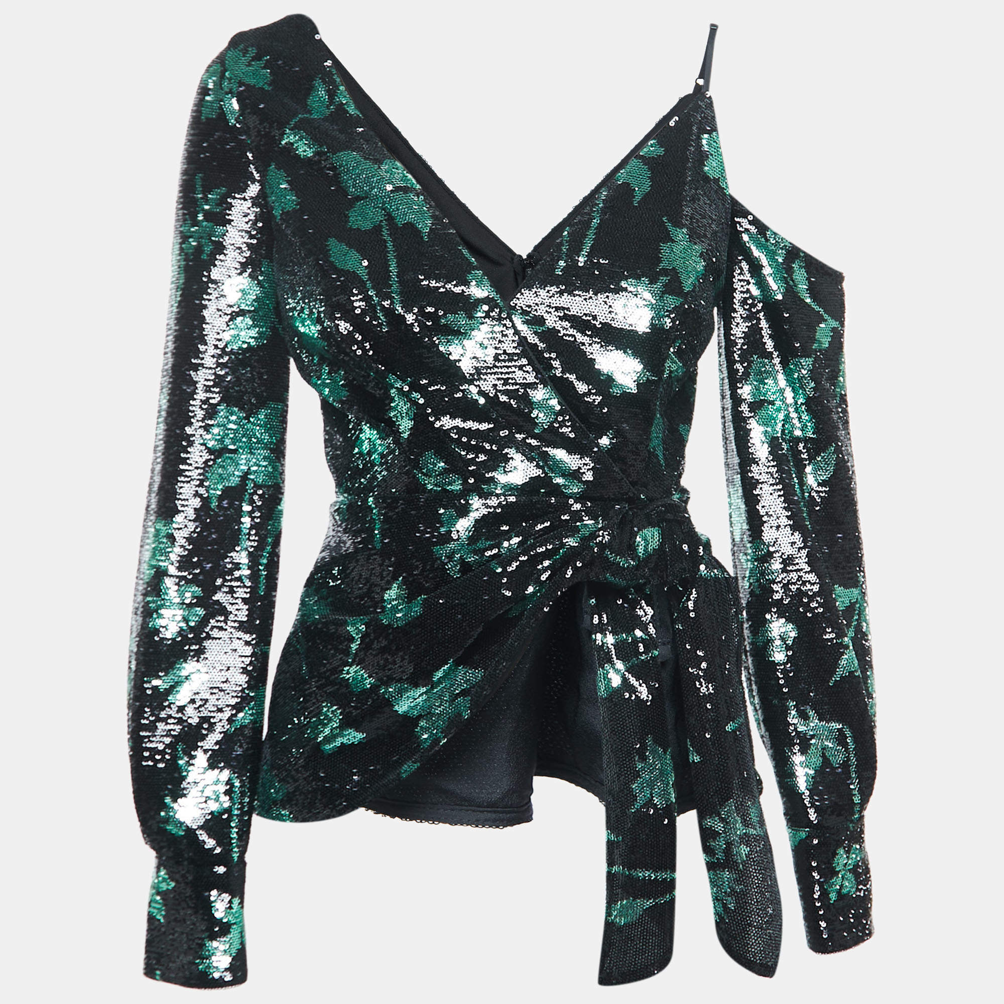Pre Owned Self-Portrait Black/Green Leaf Sequined Nylon Tie Detail Long Sleeve Blouse S