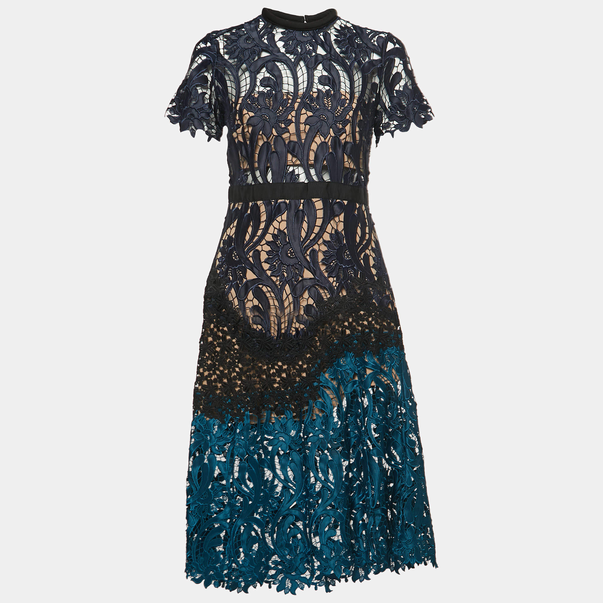 Pre Owned Self-Portrait Multicolor Lace High Neck Midi Dress M