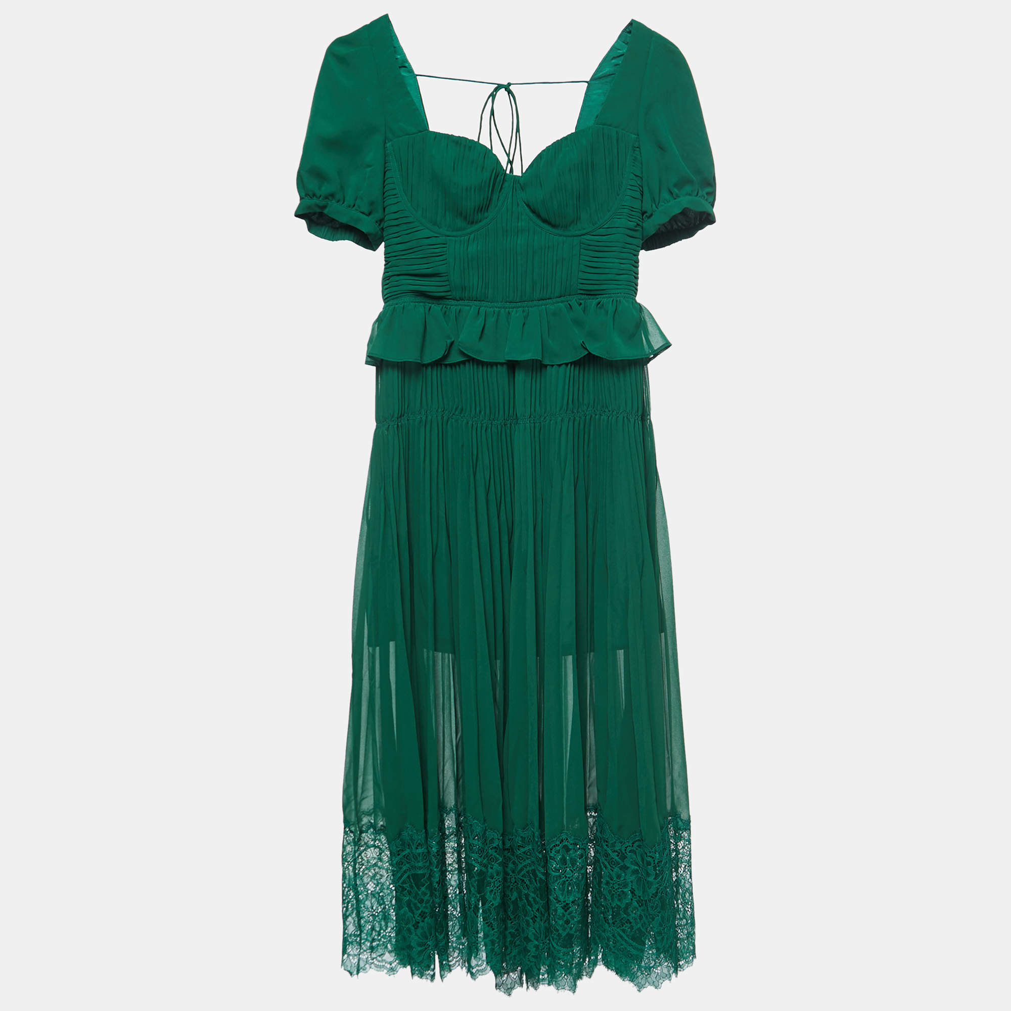Pre Owned Self-Portrait Green Pleated Chiffon Midi Dress M