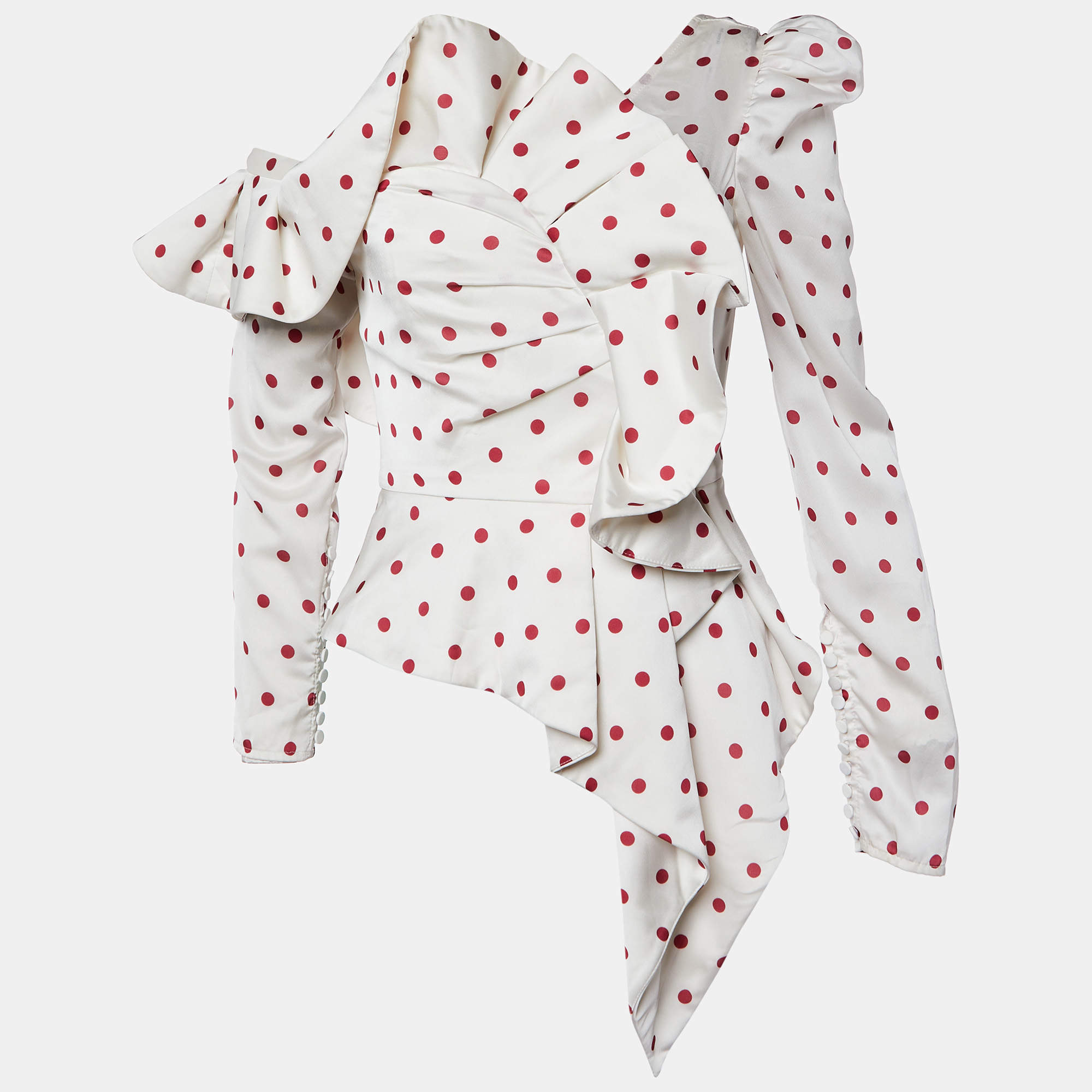 Pre Owned Self-Portrait White Polka Dot Printed Satin Draped Off Shoulder Top S