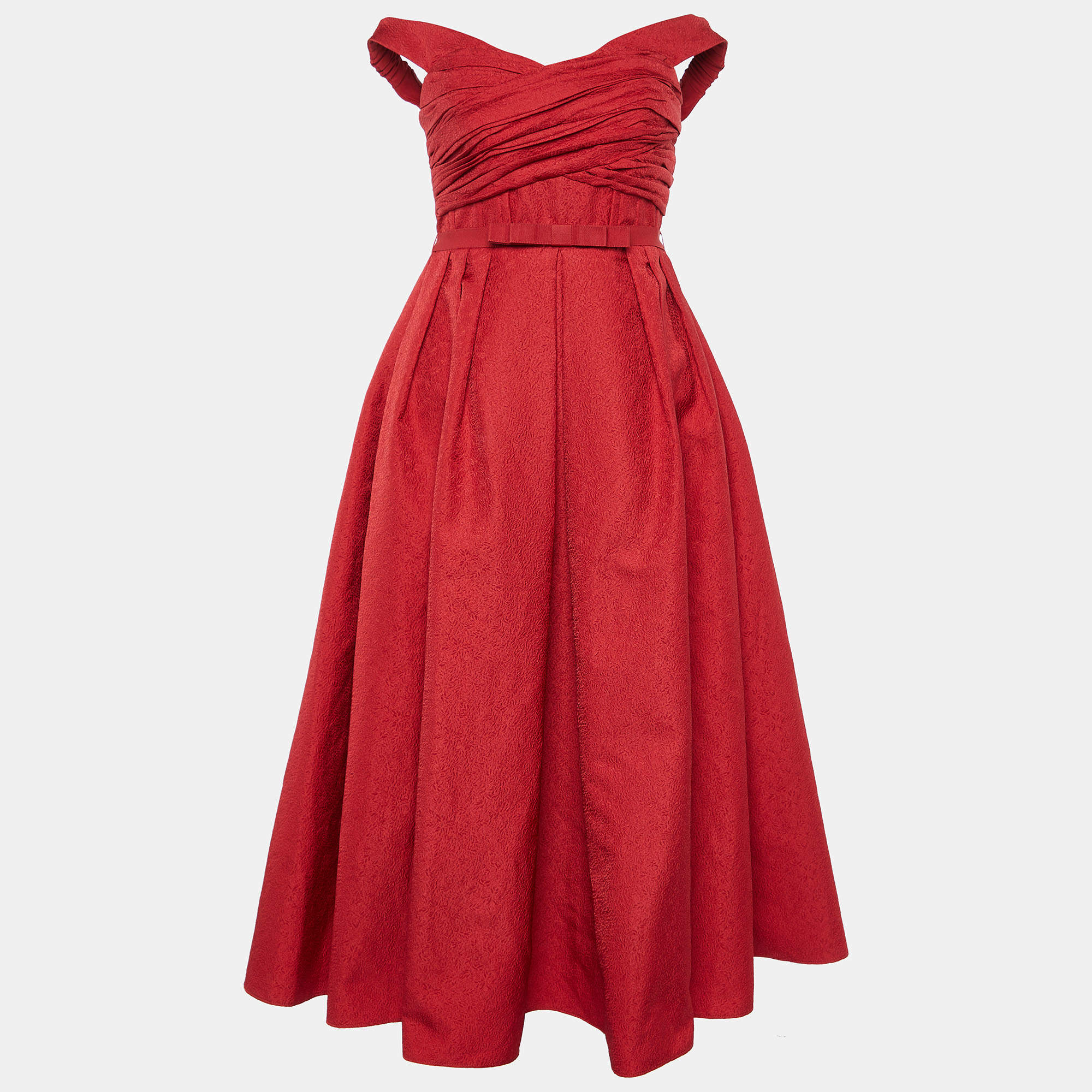 Pre Owned Self-Portrait Red Textured Off-Shoulder Midi Dress S