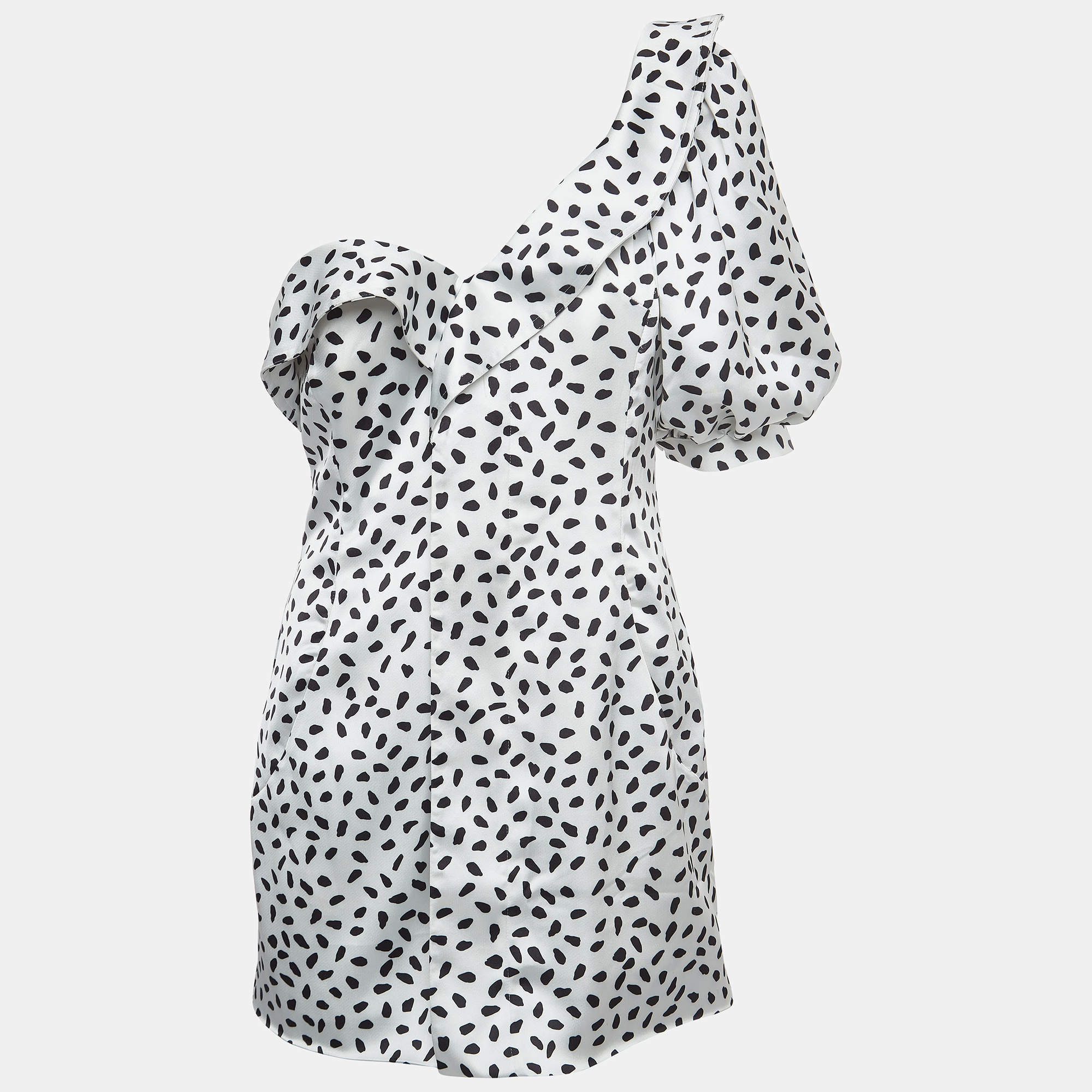 Pre Owned Self-Portrait White Dotted Satin One Shoulder Mini Dress M