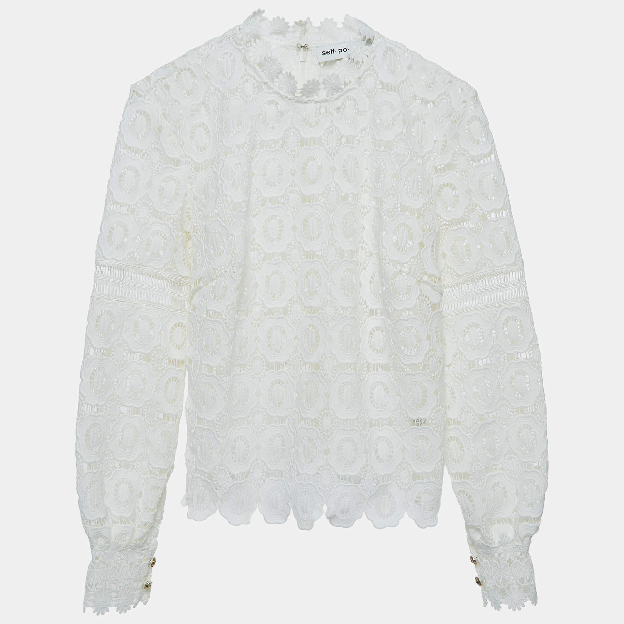 Pre Owned Self-Portrait White Guipure Lace Long Sleeve Blouse S