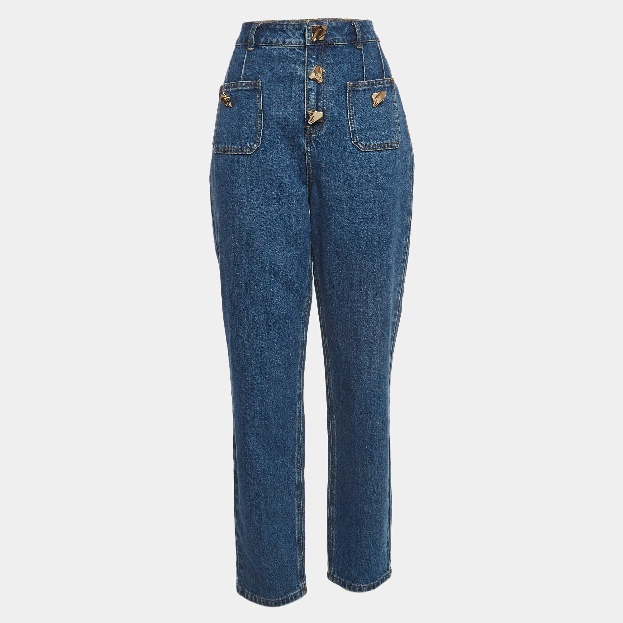 Pre Owned Self-Portrait Blue Denim Embellished Button High-Rise Jeans M Waist 30''