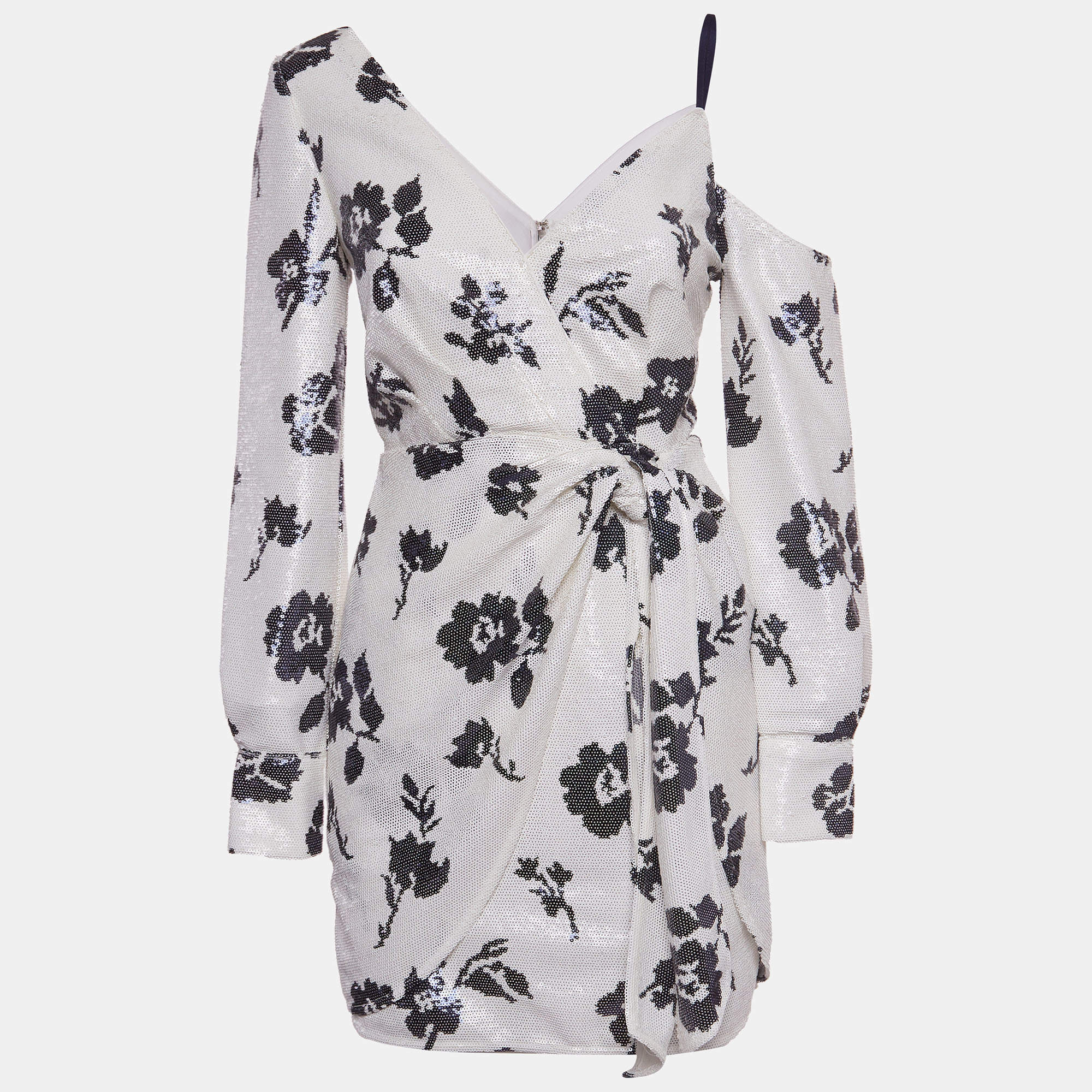 Pre Owned Self-Portrait White Floral Sequin Wrap Mini Dress S