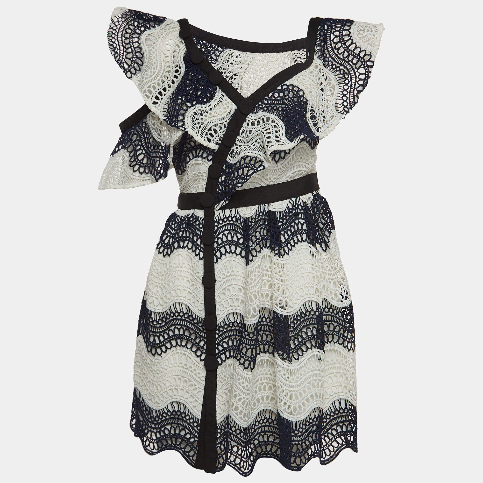 Pre Owned Self-Portrait Navy Blue/White Guipure Lace Short Dress M