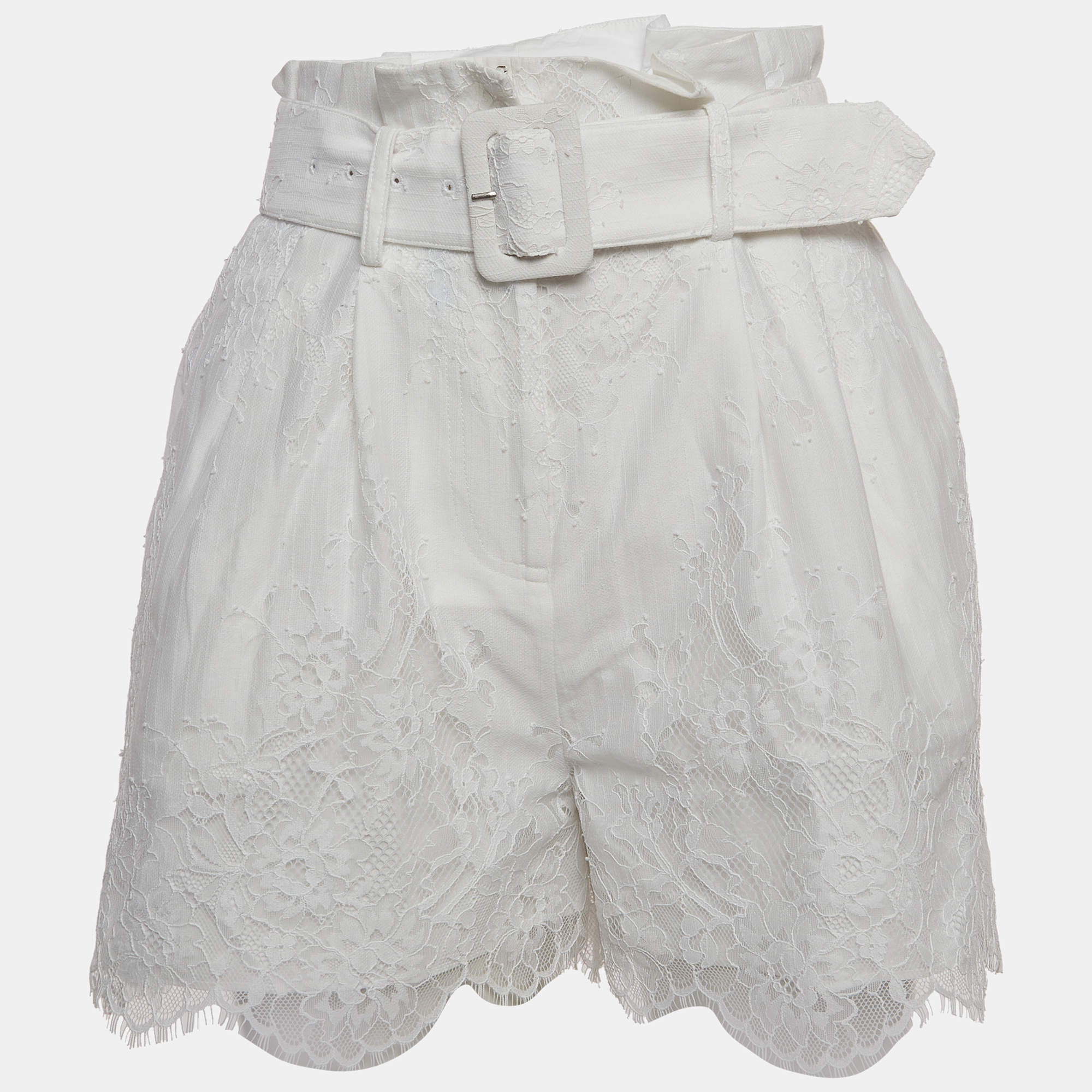 Self-Portrait White Embroidered Cotton Belted Shorts S