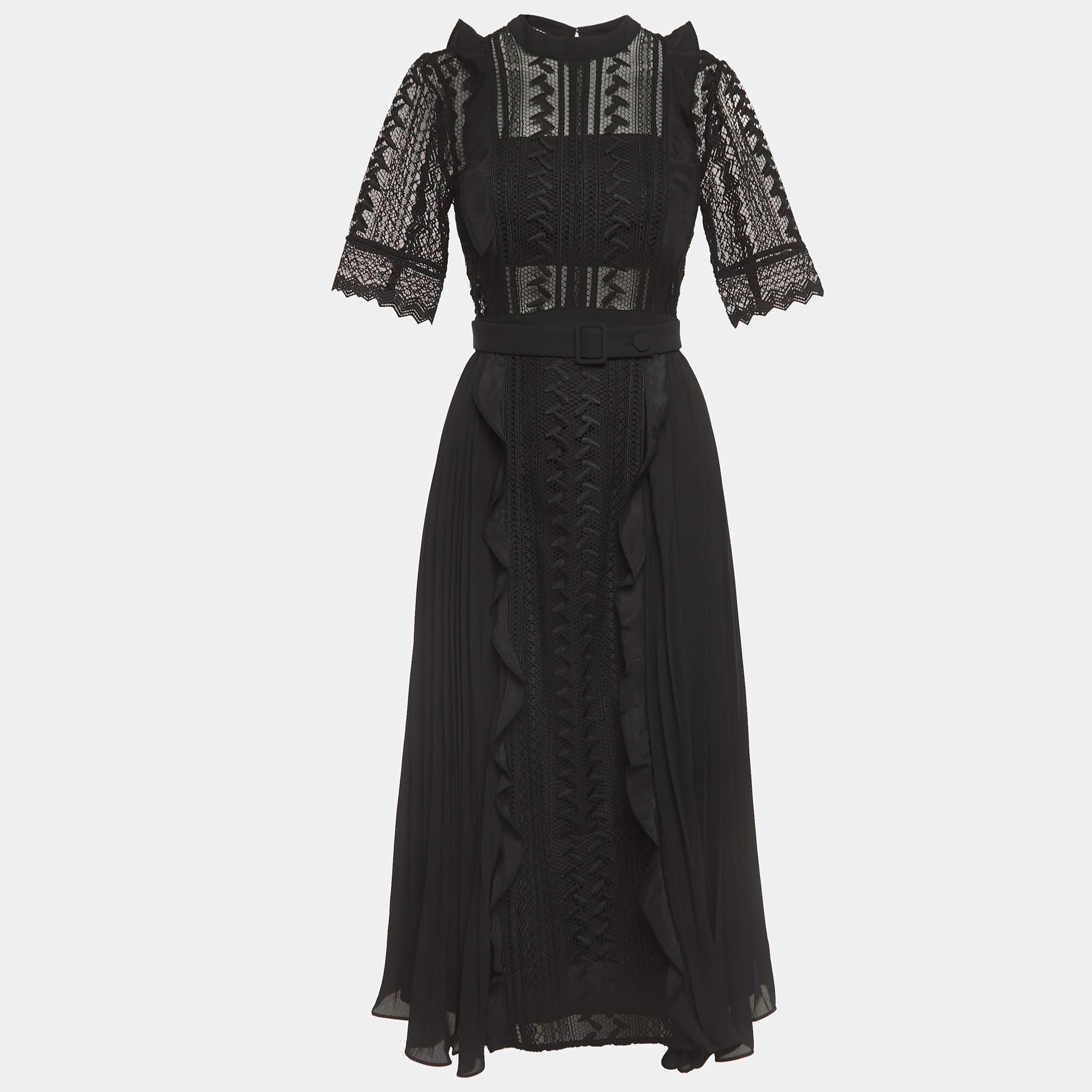 Pre Owned Self-Portrait Black Geometric Pattern Lace Pleated Midi Dress S