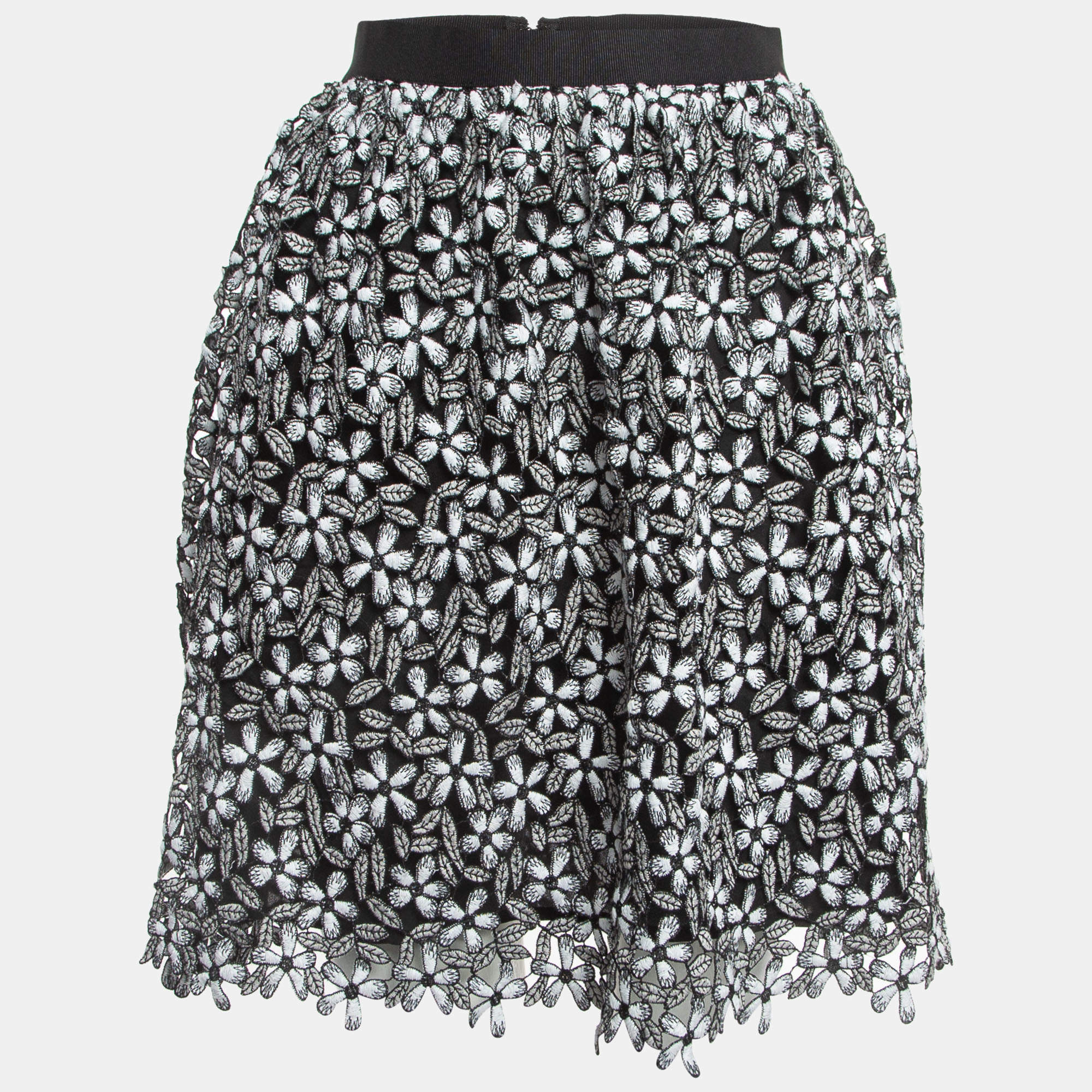 Pre Owned Self-Portrait Black/White Floral Cut-out Lace Short Skirt S