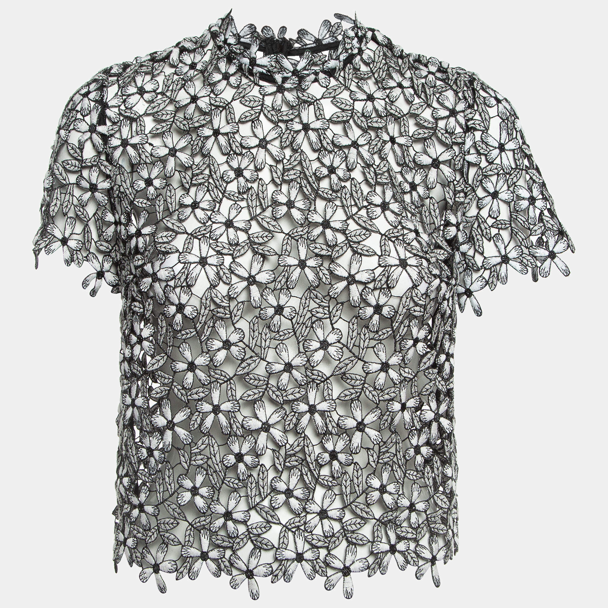 Pre Owned Self Portrait Black/White Floral Cut-out Lace Top M