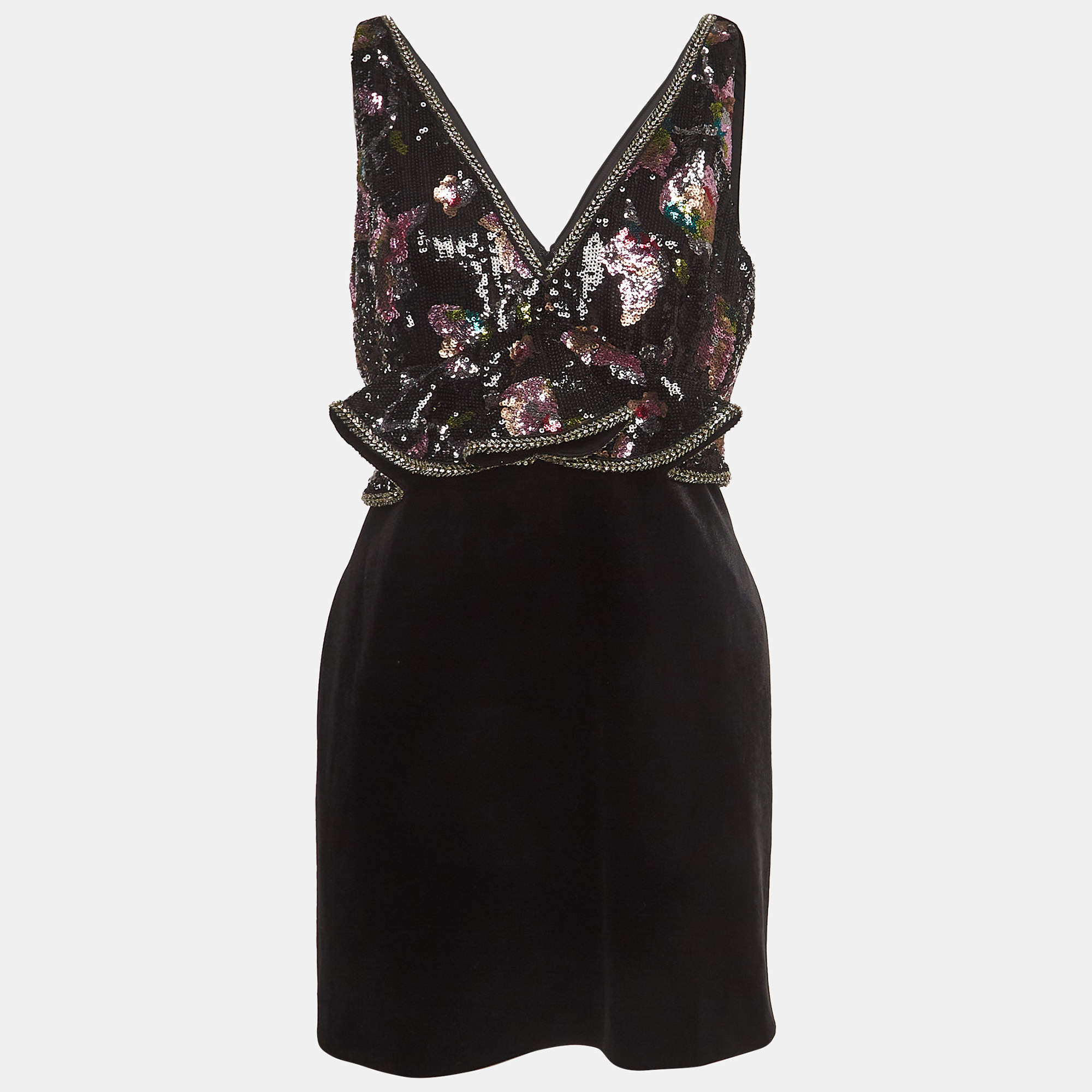 Pre Owned Self-Portrait Black Sequin-Embellished Velvet Mini Dress M