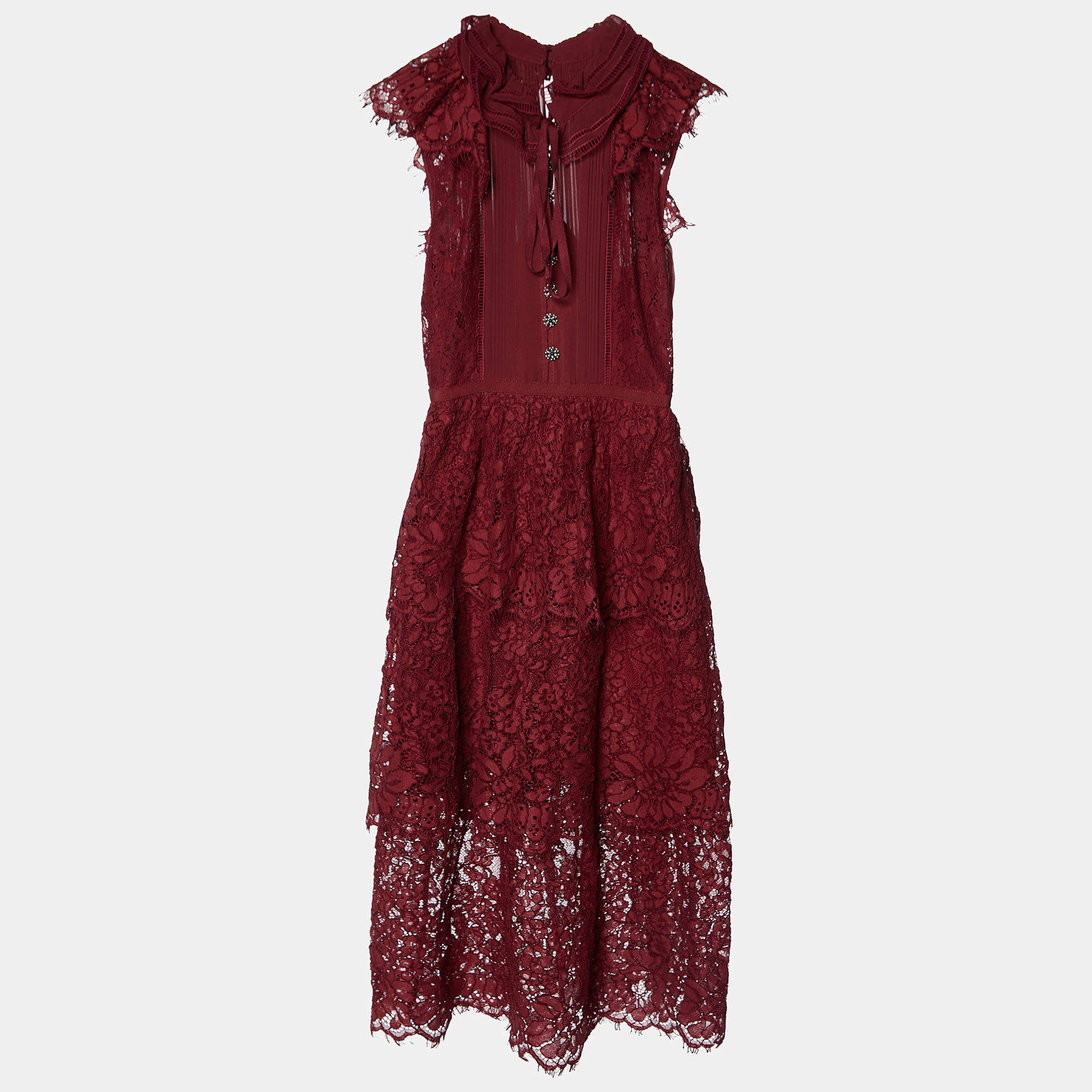 Self-Portrait Maroon Cord Lace Tiered Midi Dress S