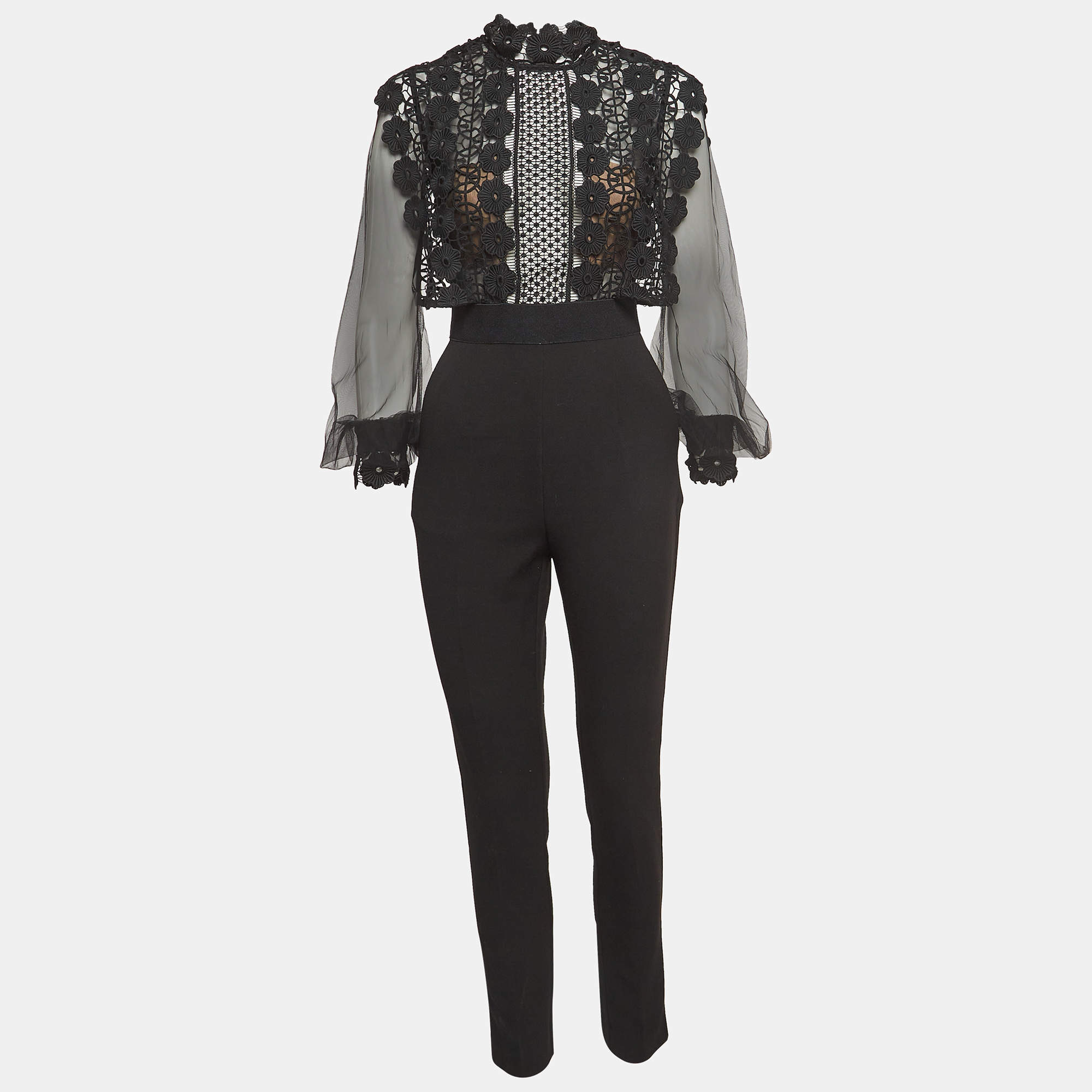 Self-Portrait Black Guipure Lace and Mesh Semi Sheer Jumpsuit M