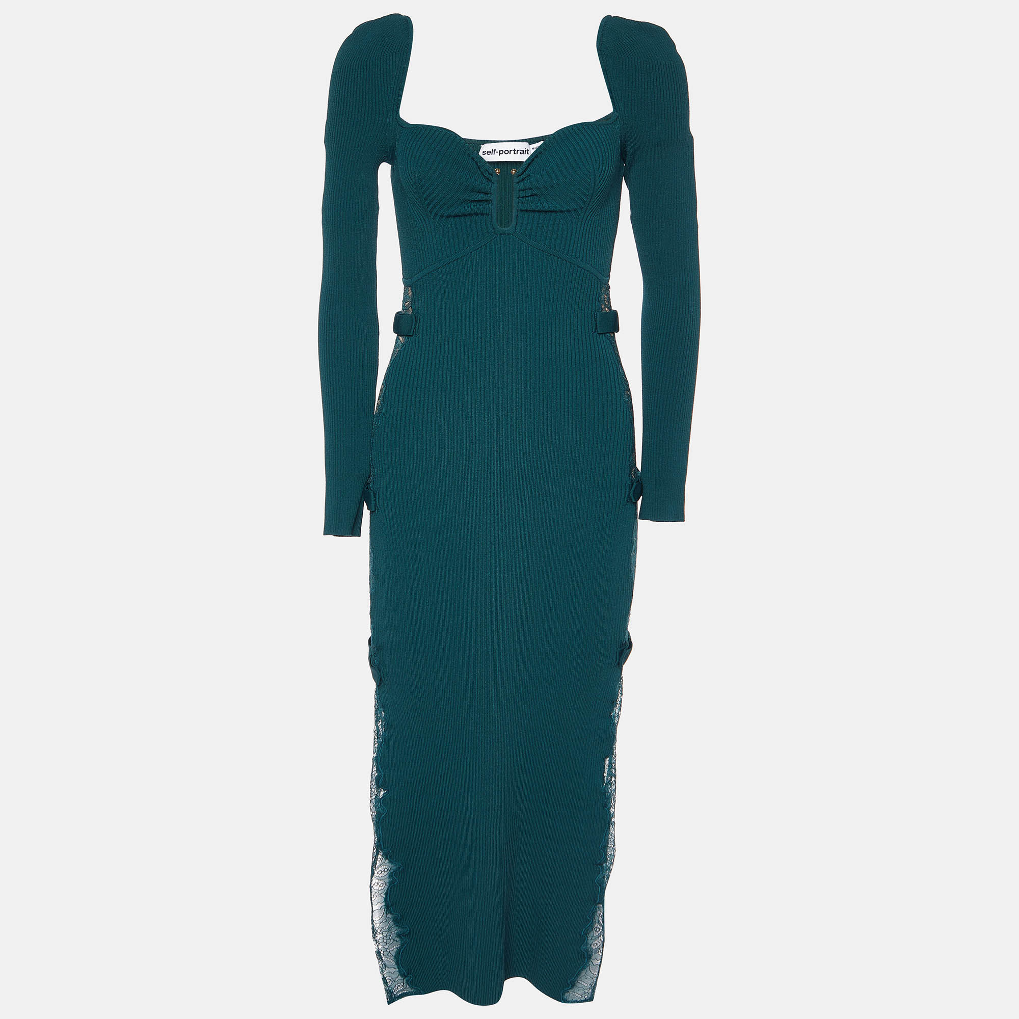 Pre Owned Self-Portrait Green Knit Lace Paneled Midi Dress S