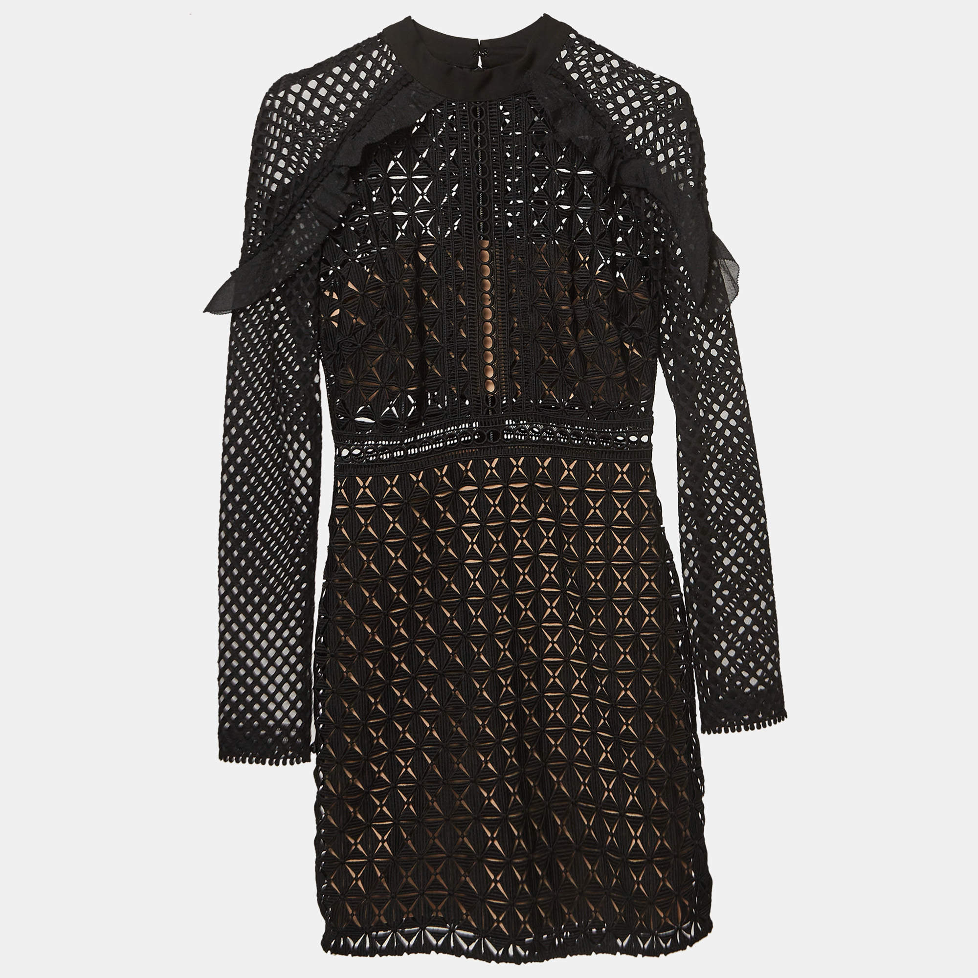Self-Portrait Black Geometric Pattern Lace Ruffled Mini Dress S