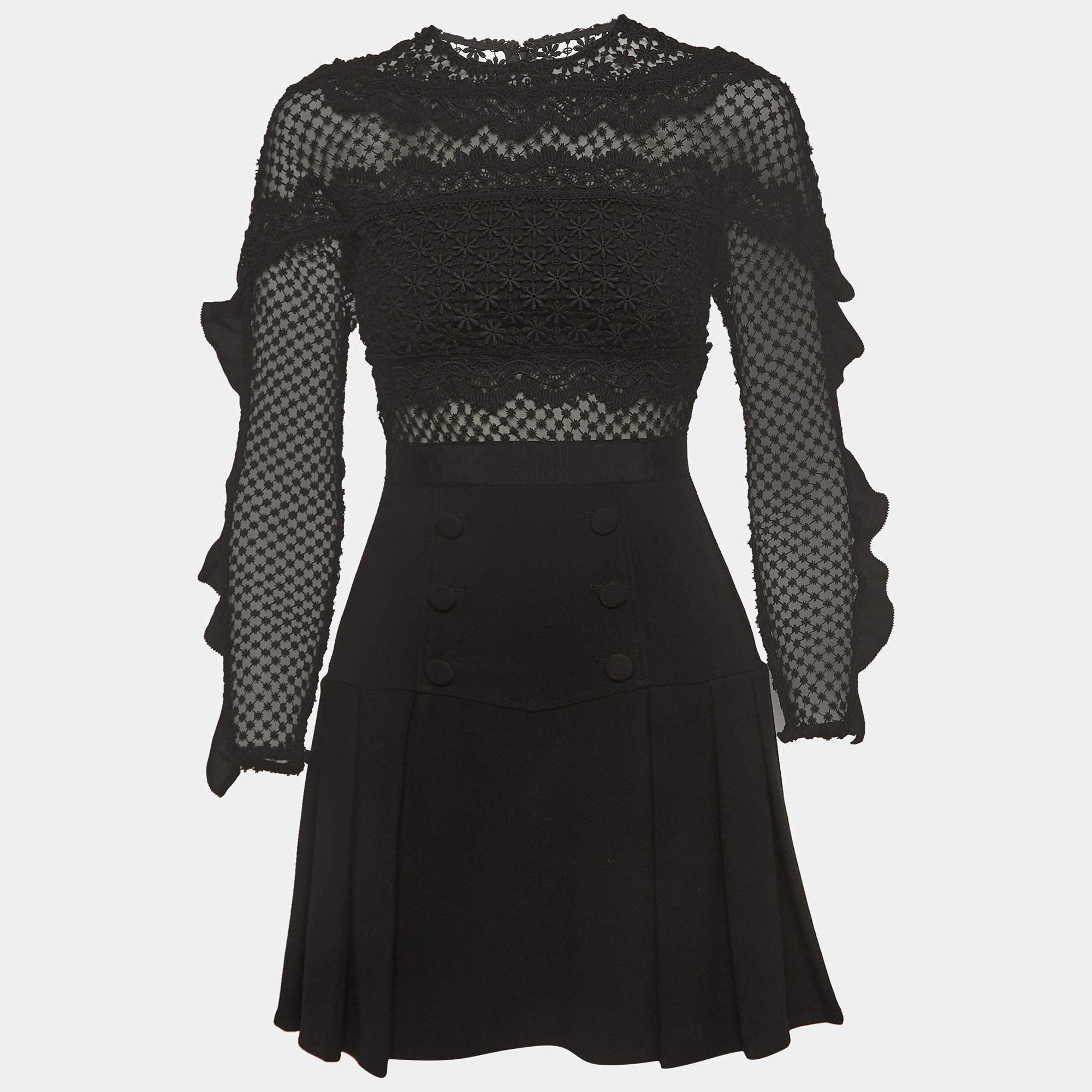 Pre Owned Self-Portrait Black Bellis Lace and Crepe Ruffled Mini Dress S