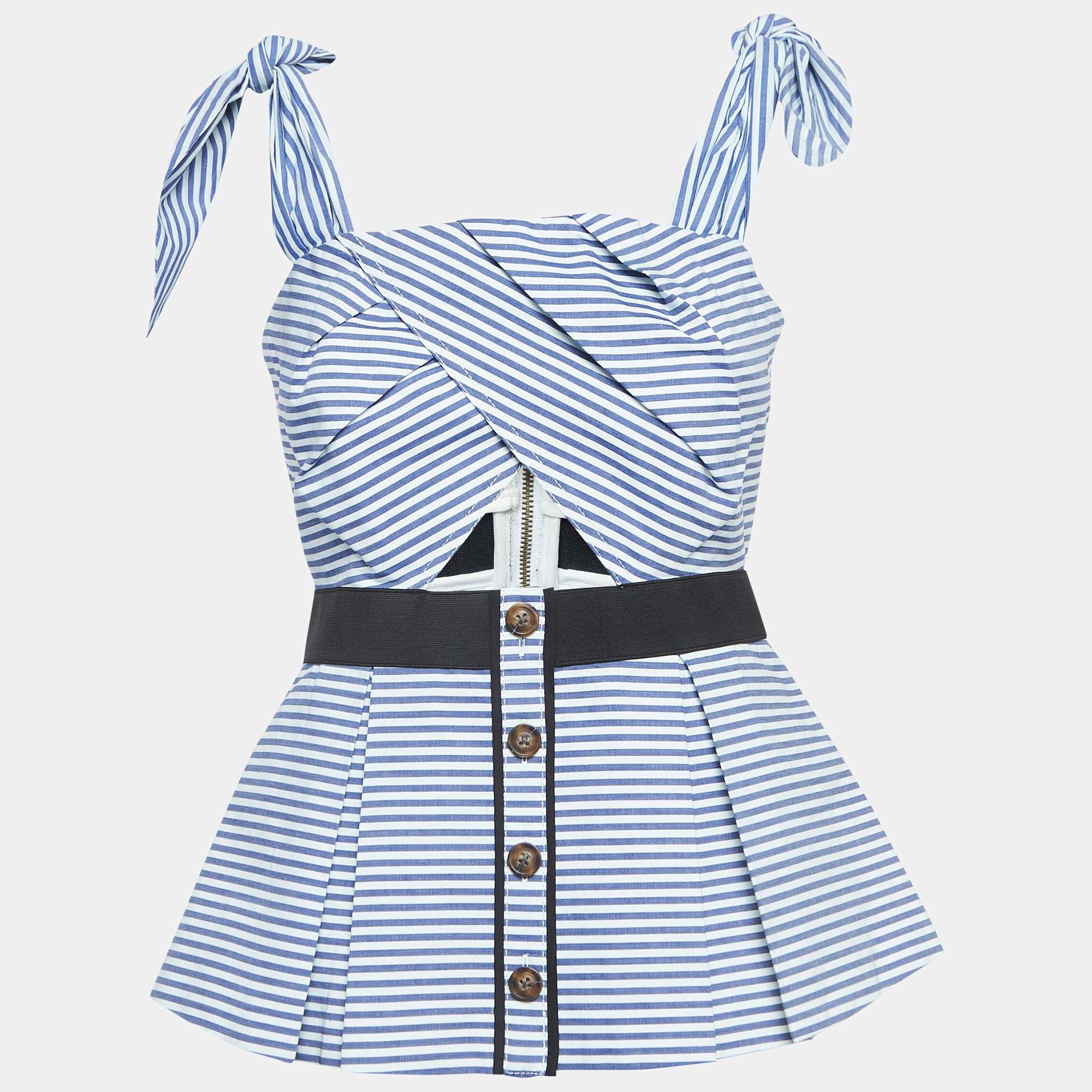 Pre Owned Self-Portrait Blue & White Cotton Stripe Shirting Tie Detail Top M