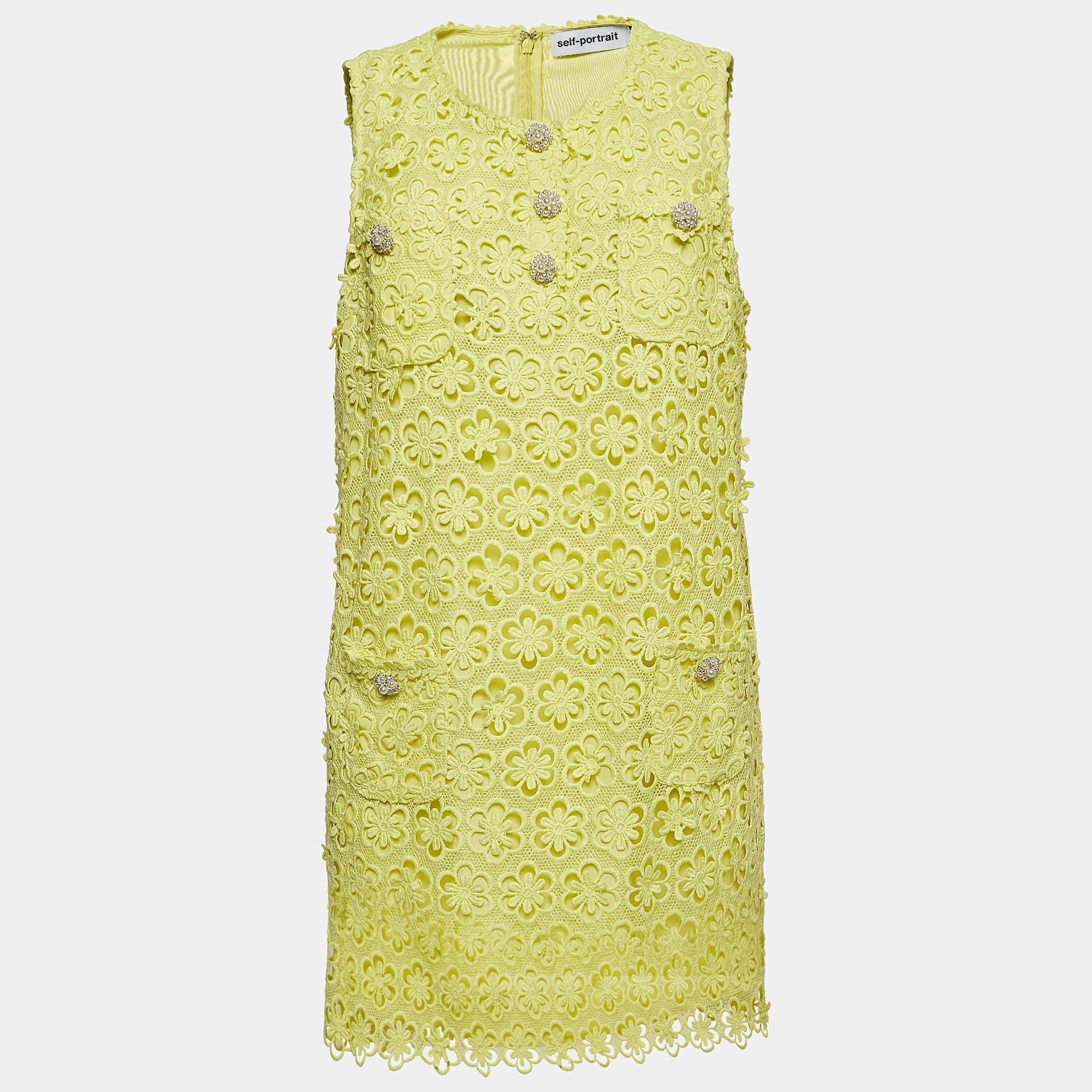 Pre Owned Self-Portrait Yellow Guipure Lace Mini Dress L