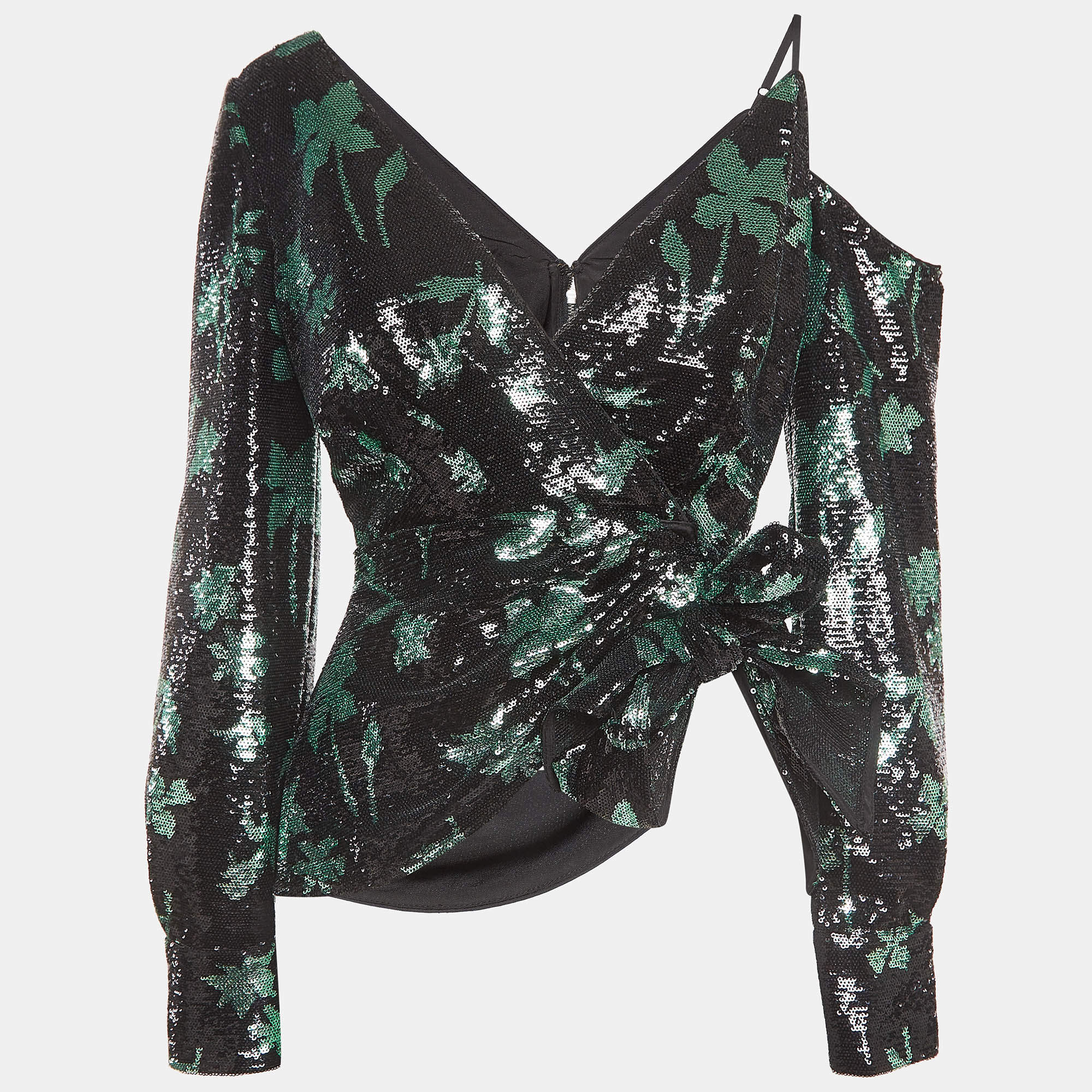 Self-Portrait Black Leaf Sequined Asymmetrical Top M