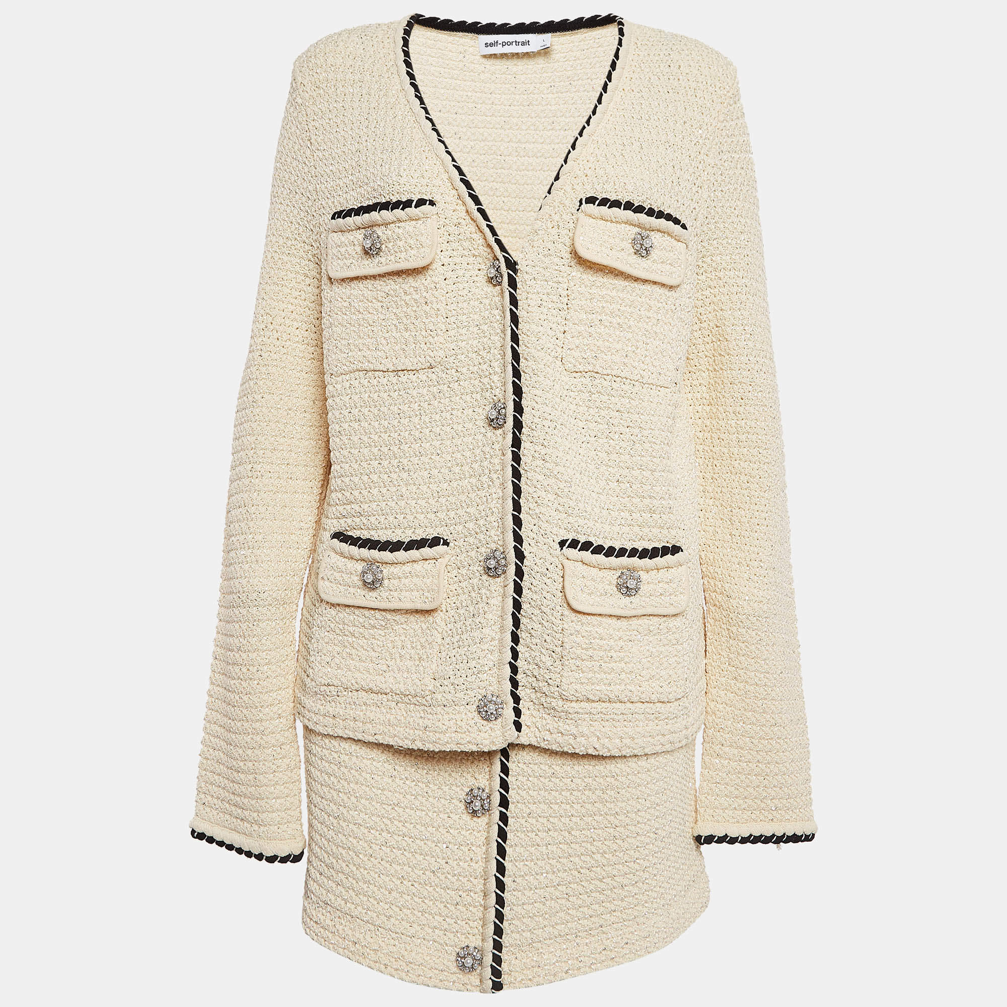 Self-Portrait Cream Sequin Knit Skirt and Cardigan Set L