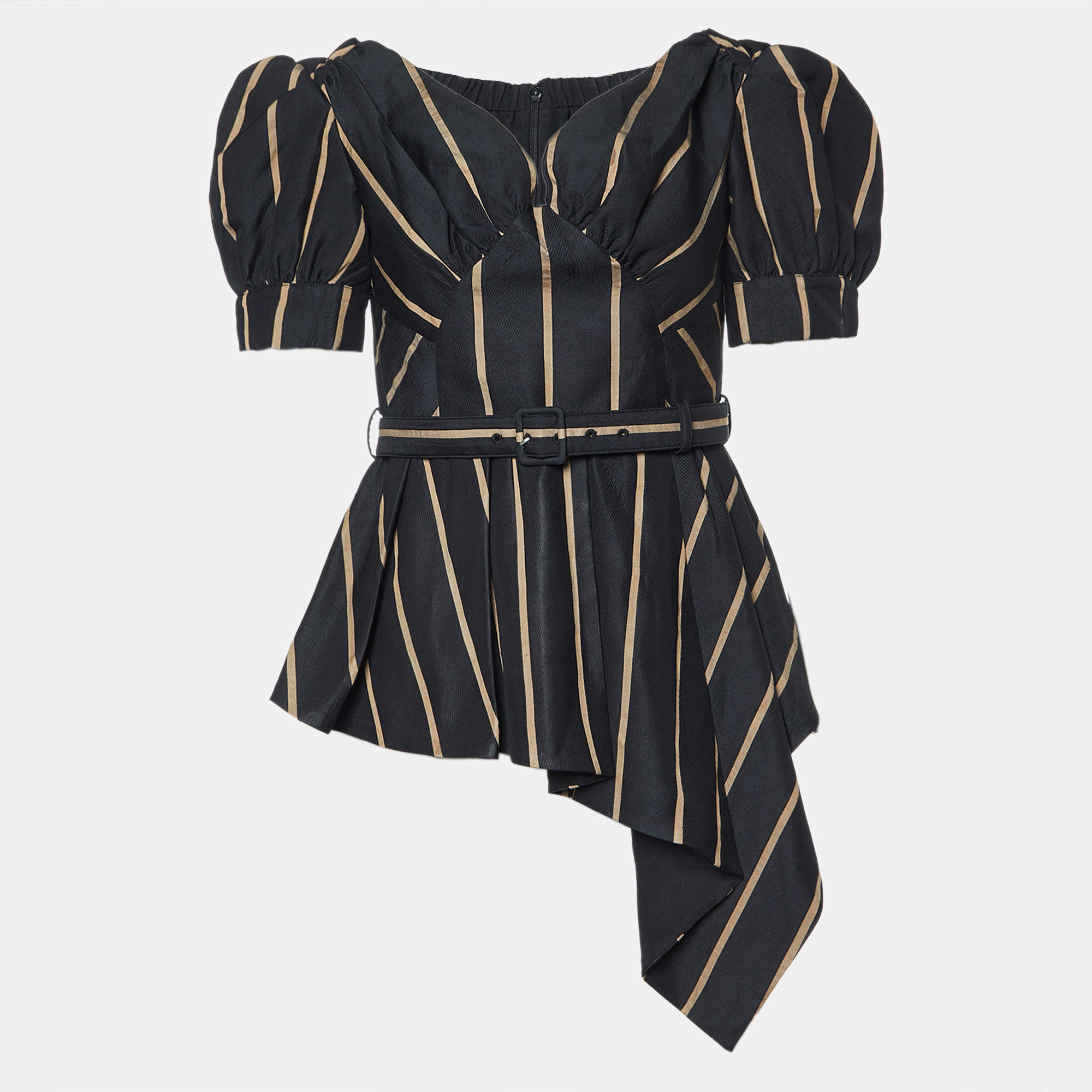 Self-Portrait Black Striped Faille Belted Off-The Shoulder Top M
