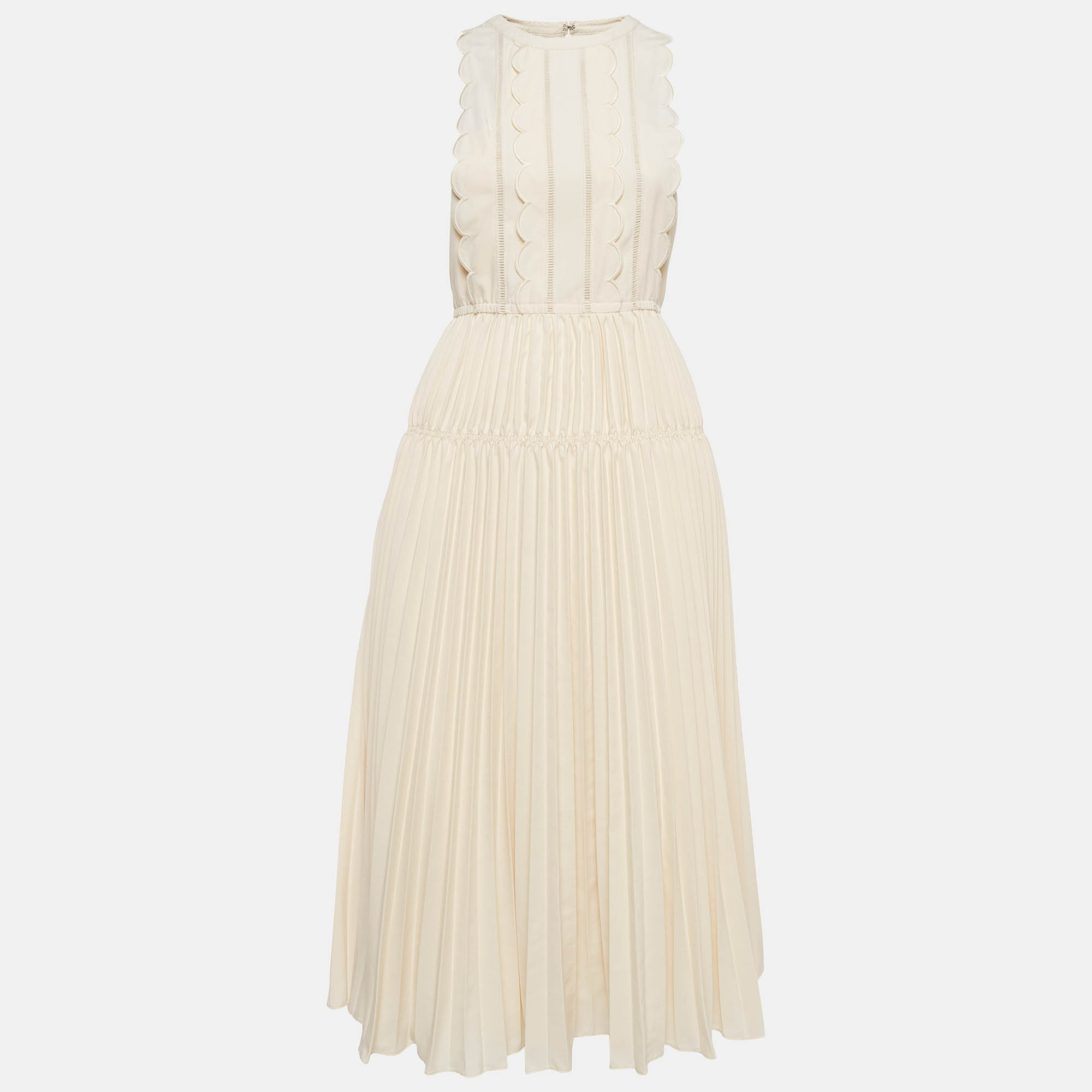 مملوكة مسبقًا Self-Portrait Cream Crepe Scallop Sleeveless Midi Dress S