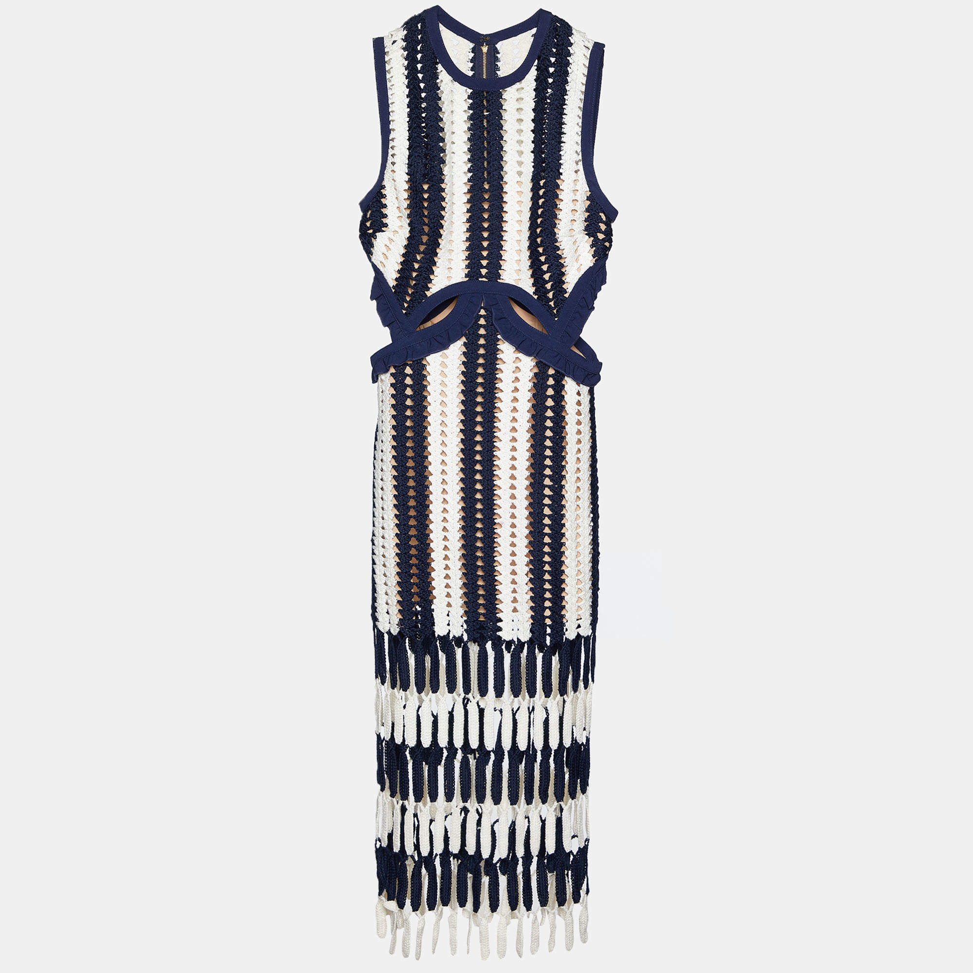 Pre Owned Self-Portrait Navy Blue Striped Crochet Knit Midi Dress M