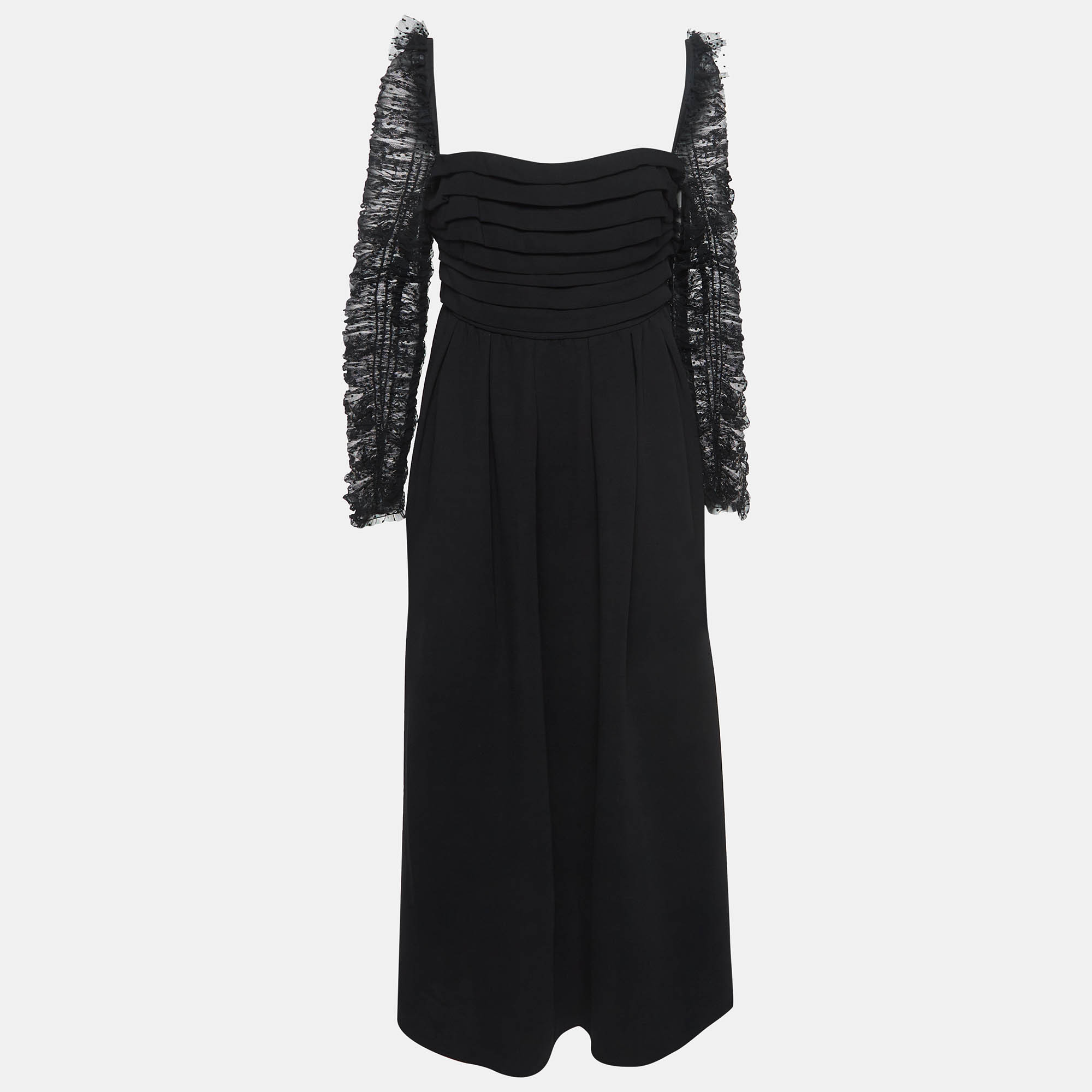 Self-Portrait Black Dots Mesh Sleeved Crepe Midi Dress L