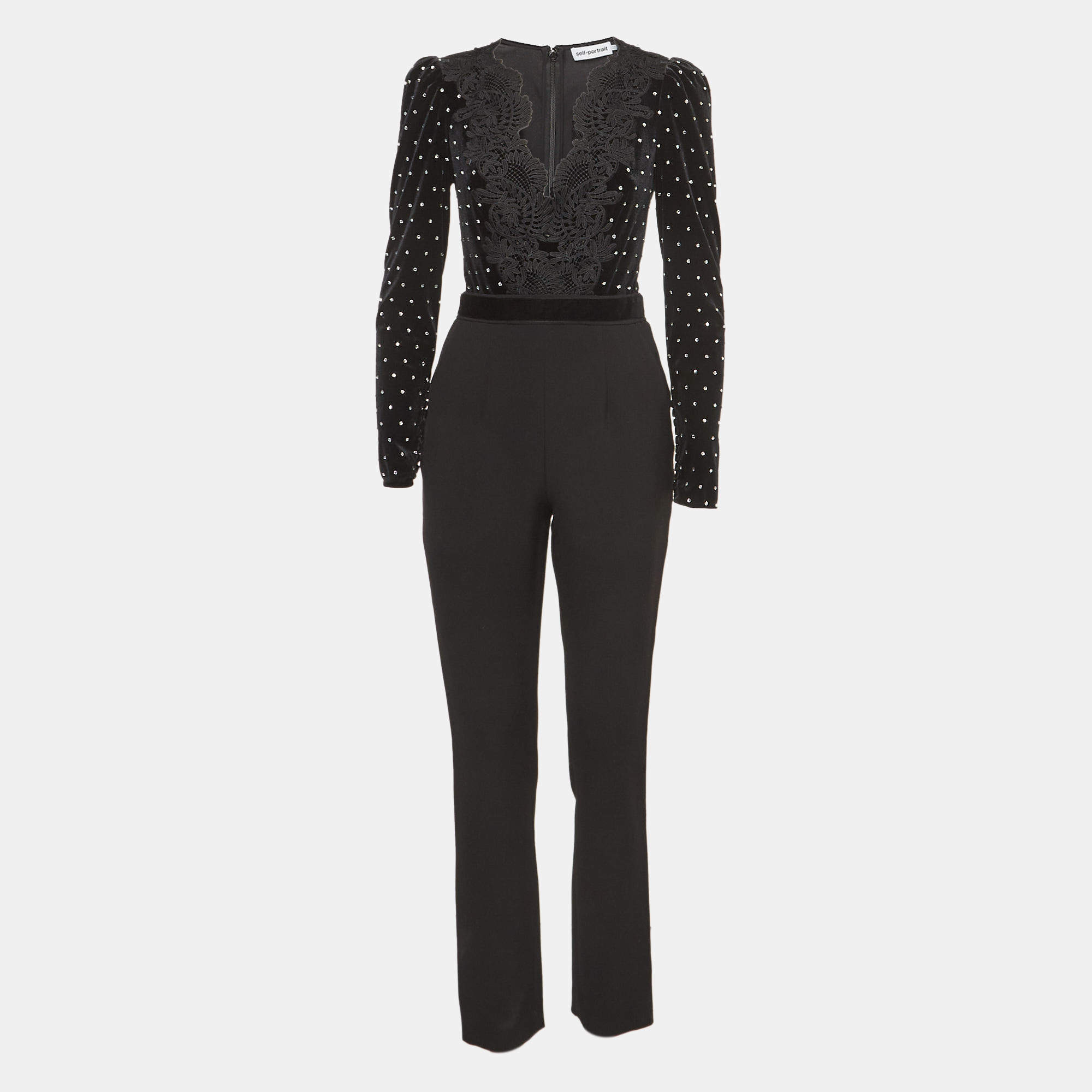 Self-Portrait Black Lace Trim Velvet Diamanté Jumpsuit S