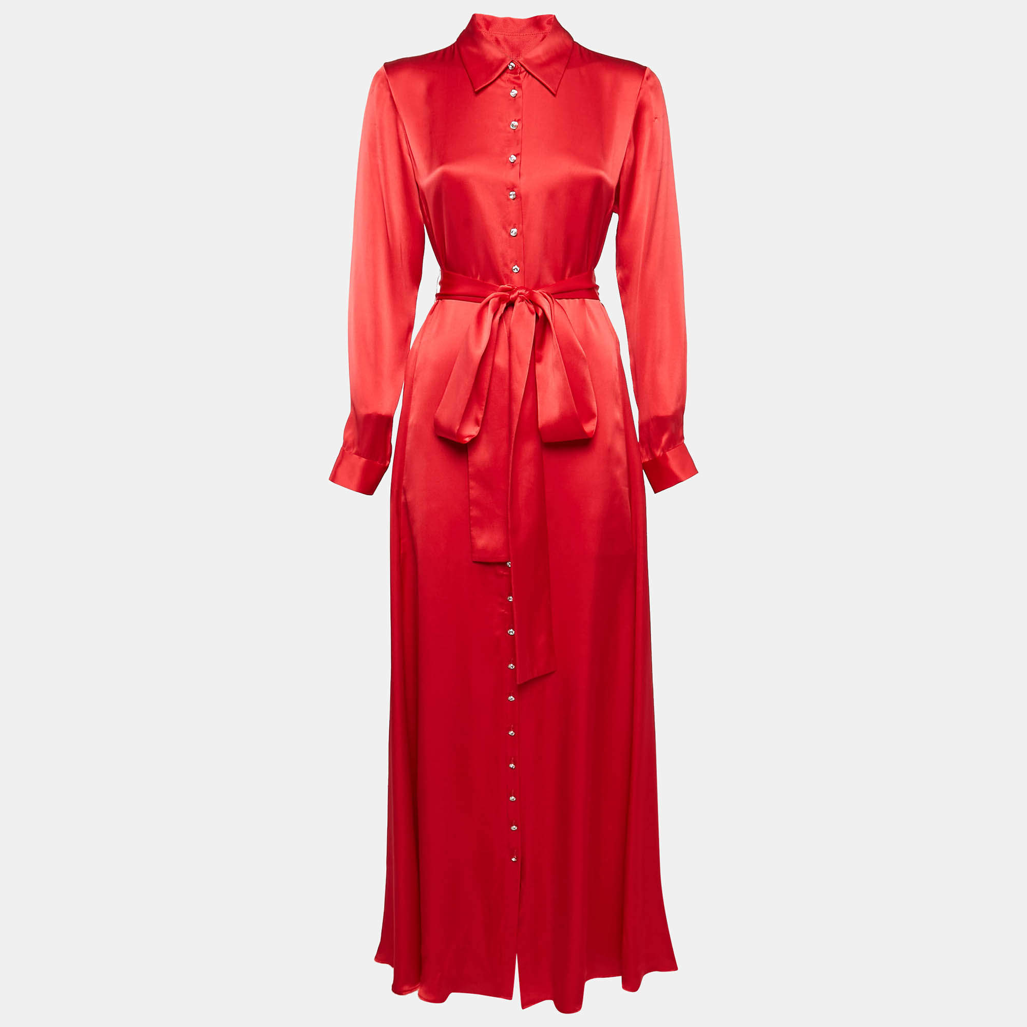 Semsem Red Satin Silk Button Front Belted Maxi Dress S