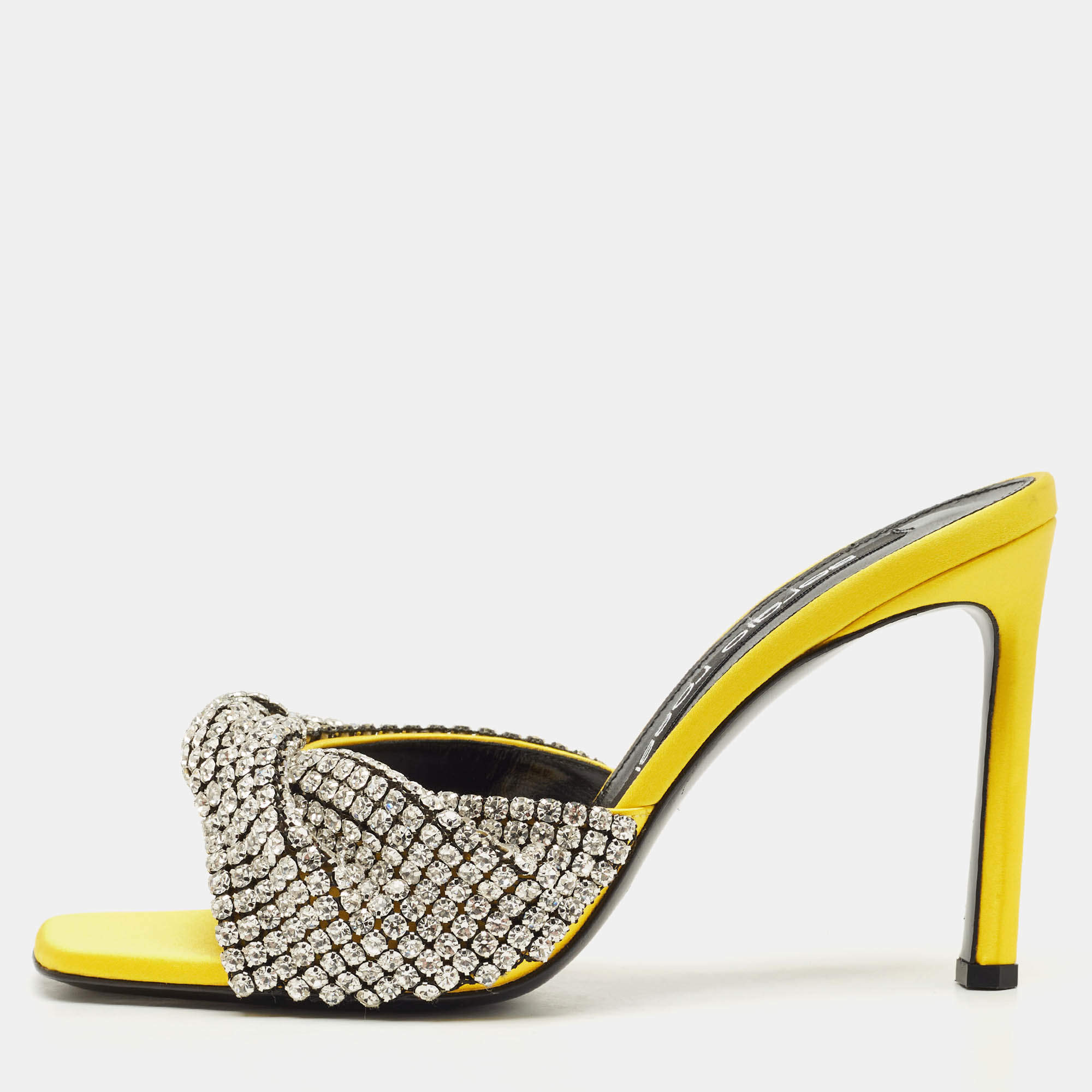 Pre Owned Sergio Rossi Yellow Satin Evangelie Crystal Embellished  Slide Sandals Size 38