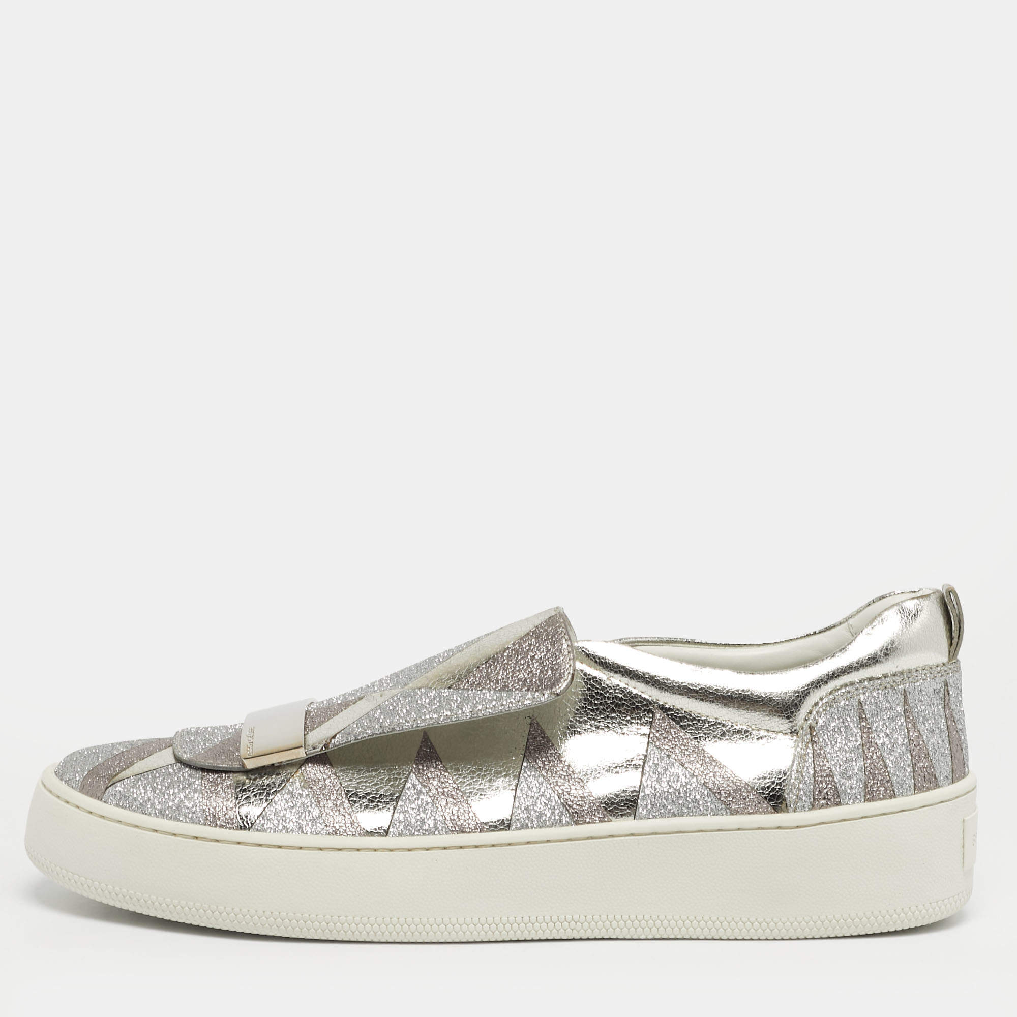 Pre Owned Sergio Rossi Silver Glitter and Leather Blair Sneakers Size 41