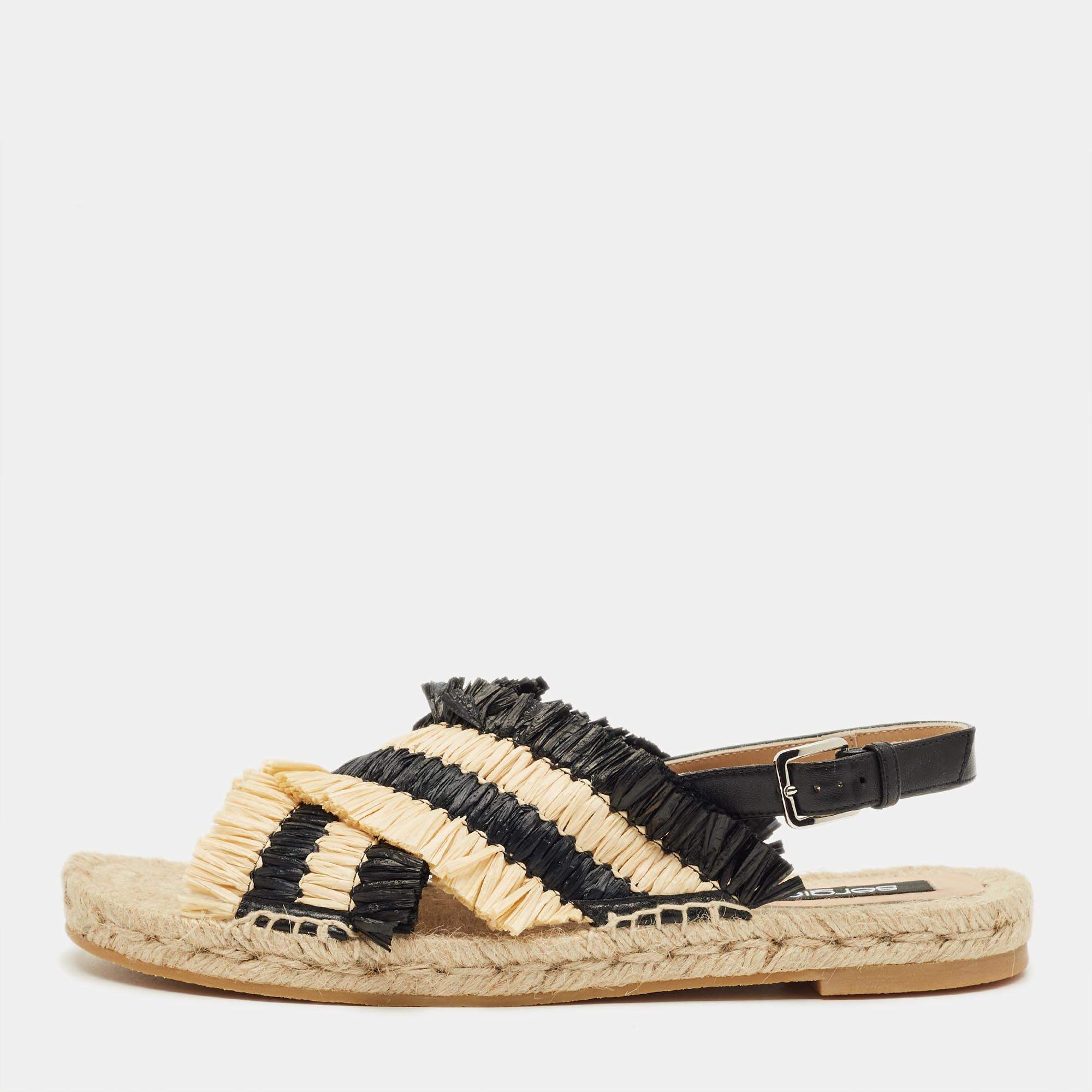 Pre Owned Sergio Rossi Beige/Black Raffia and Leather Kauai Espadrille Sandals Size 41
