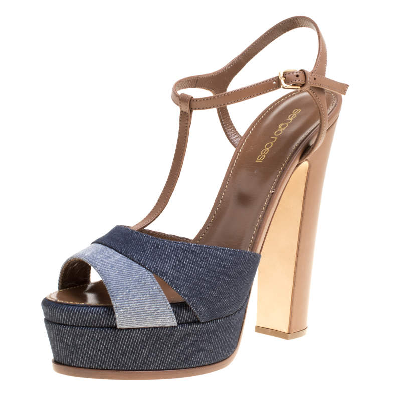 Sergio Rossi Brown/Blue Denim and Leather Platform Sandals Size 39.5