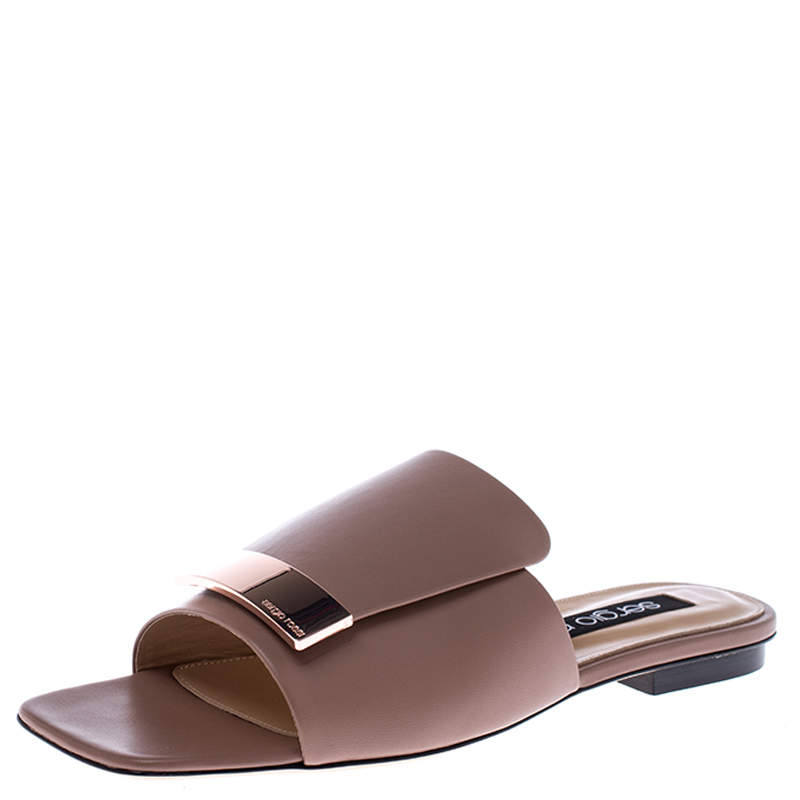 Pre Owned Sergio Rossi Beige Leather SR1 Flat Mules Size 38.5