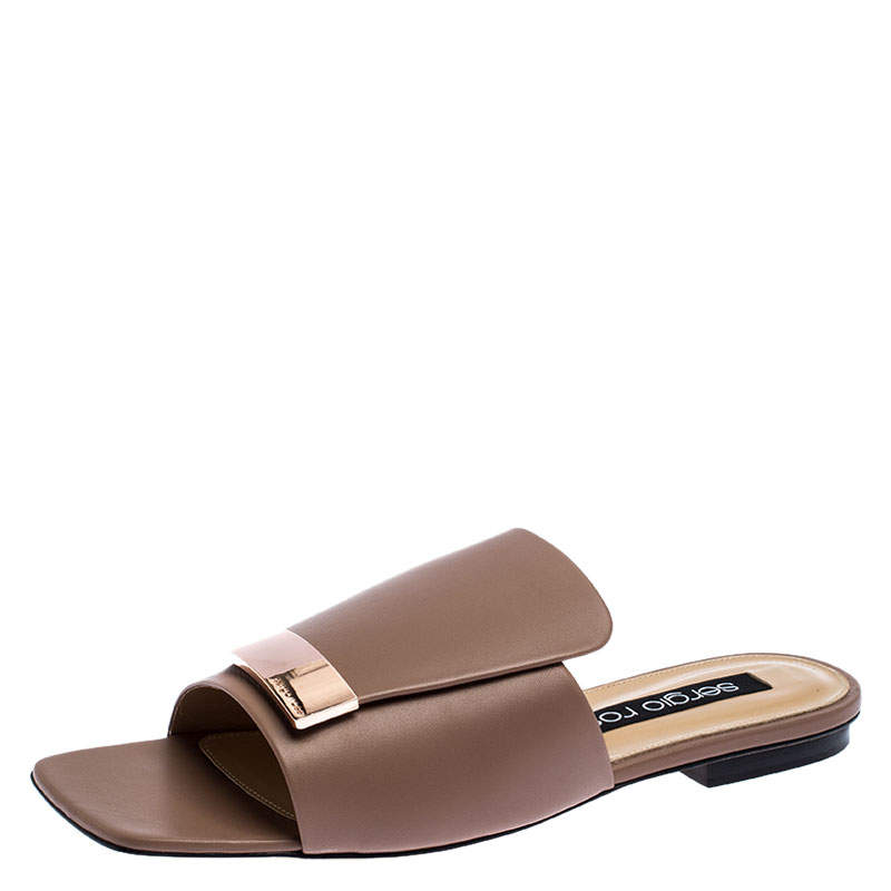 Pre Owned Sergio Rossi Beige Nude Leather SR1 Slide Flats Size 39.5