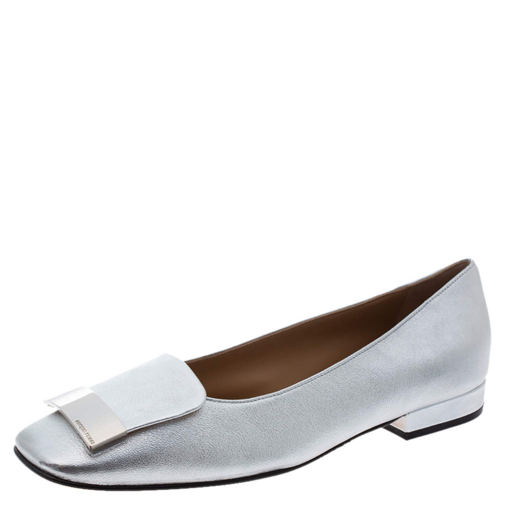 Sergio Rossi Silver Leather sr1 Metal Plate Detail Square Toe Ballet Flats Size 40