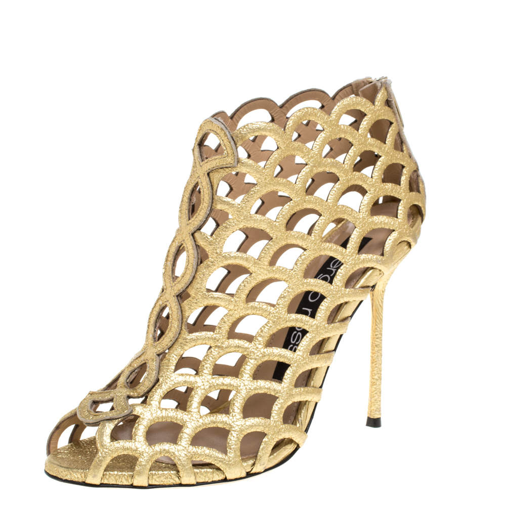 Pre Owned Sergio Rossi Metallic Gold Leather Scalloped Peep Toe Caged Booties Size 37