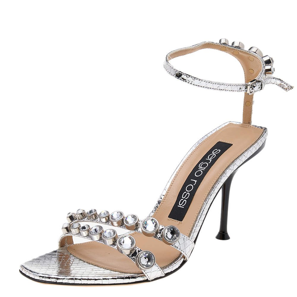 Sergio Rossi Silver Python Embossed Leather Embellished Ankle Strap Sandals Size 38