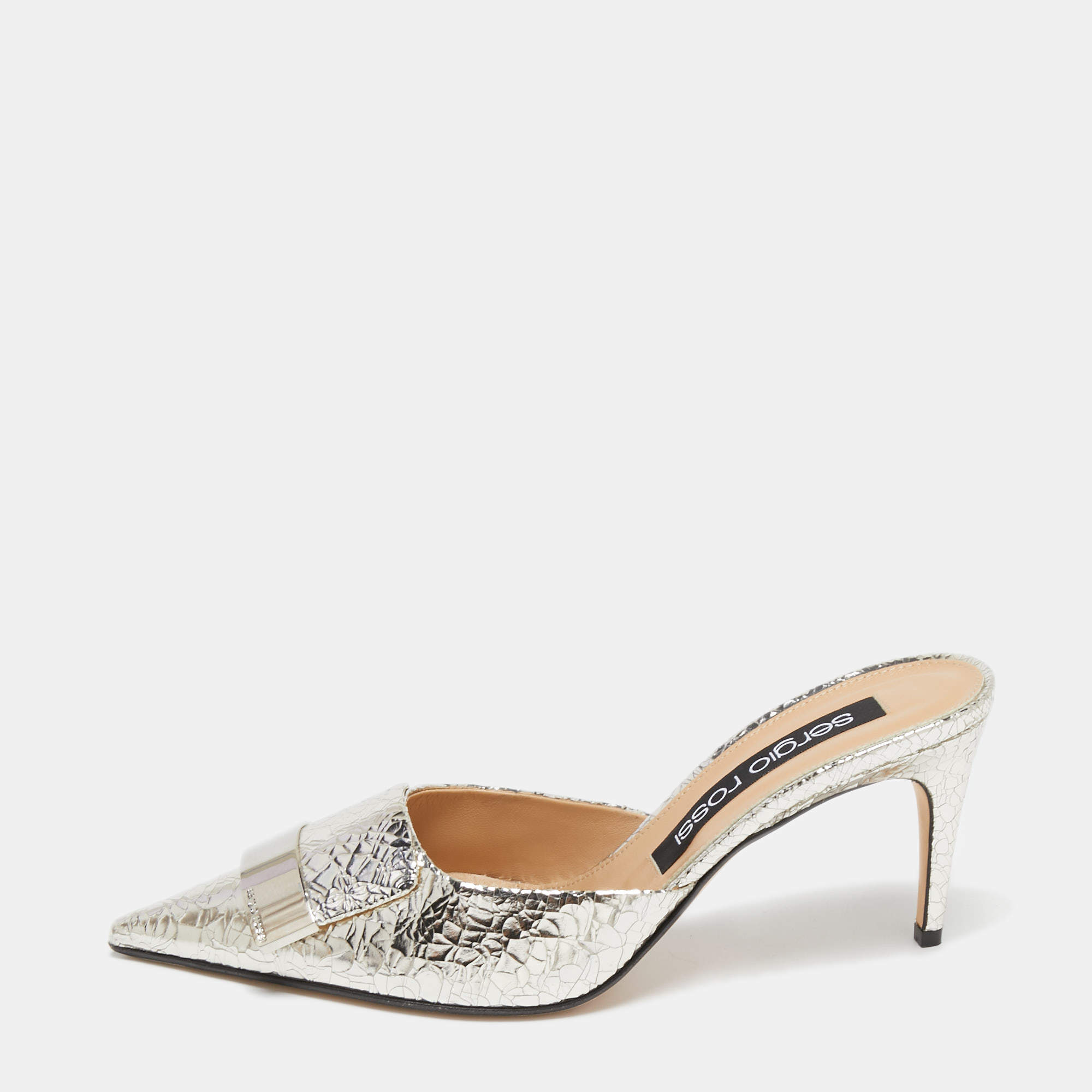 مملوكة مسبقًا Sergio Rossi Silver Croc Embossed Mule Sandals Size 40