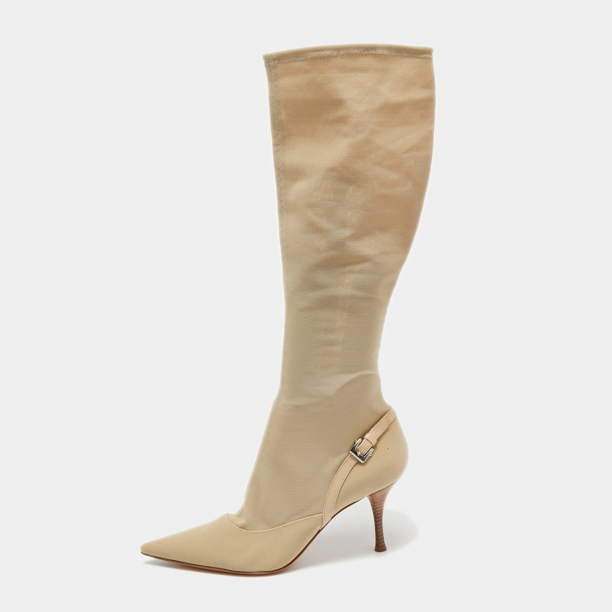 Pre Owned Sergio Rossi Beige Mesh and Leather Knee Length  Boots Size 39