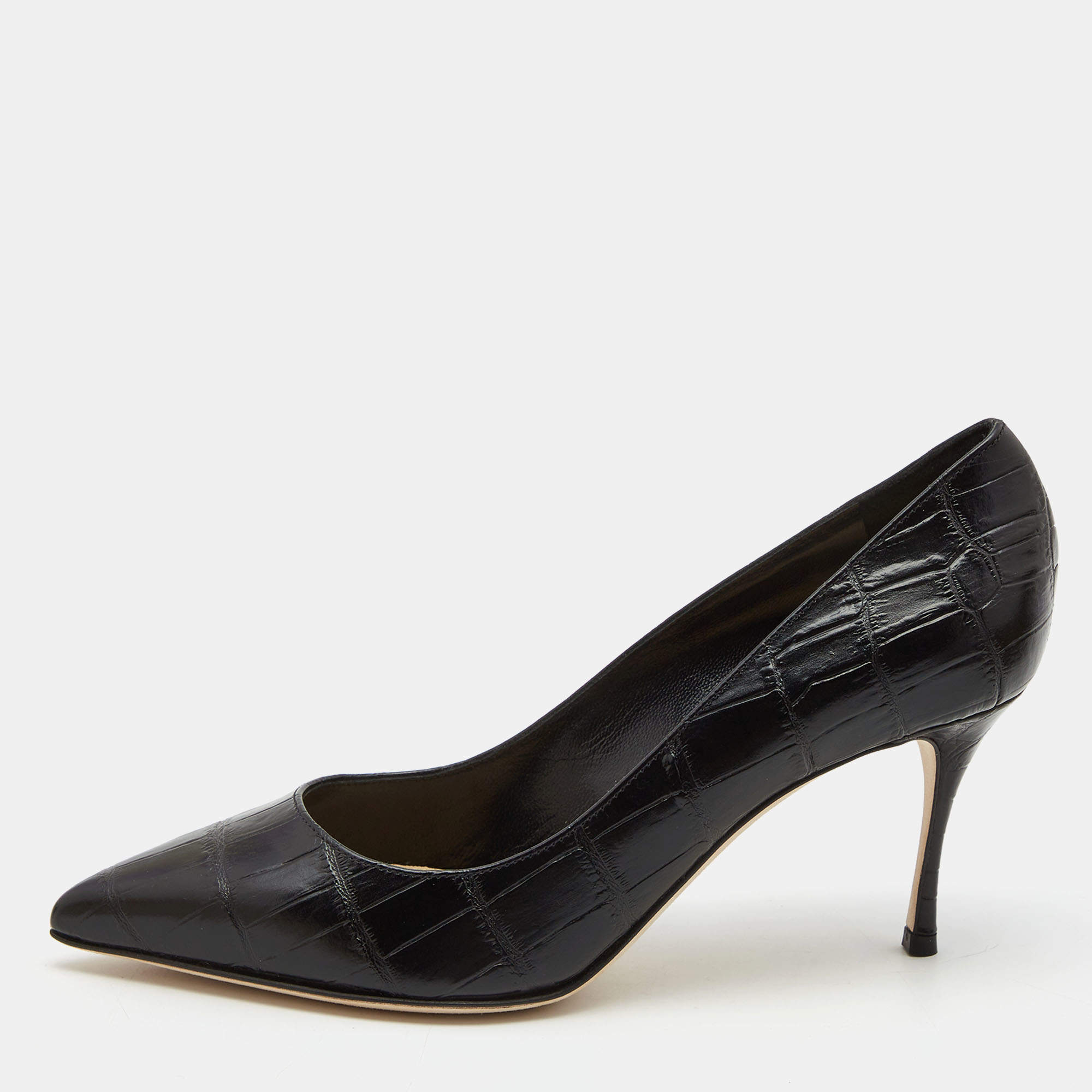 مملوكة مسبقًا Sergio Rossi Black Croc Embossed Leather Pointed Toe Pumps Size 37.5