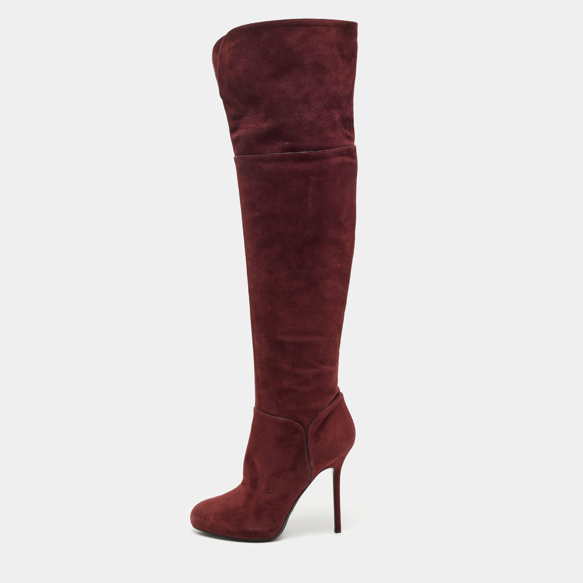 Pre Owned Sergio Rossi Burgundy Suede Zip Detail Knee Length Platform Boots Size 40.5 