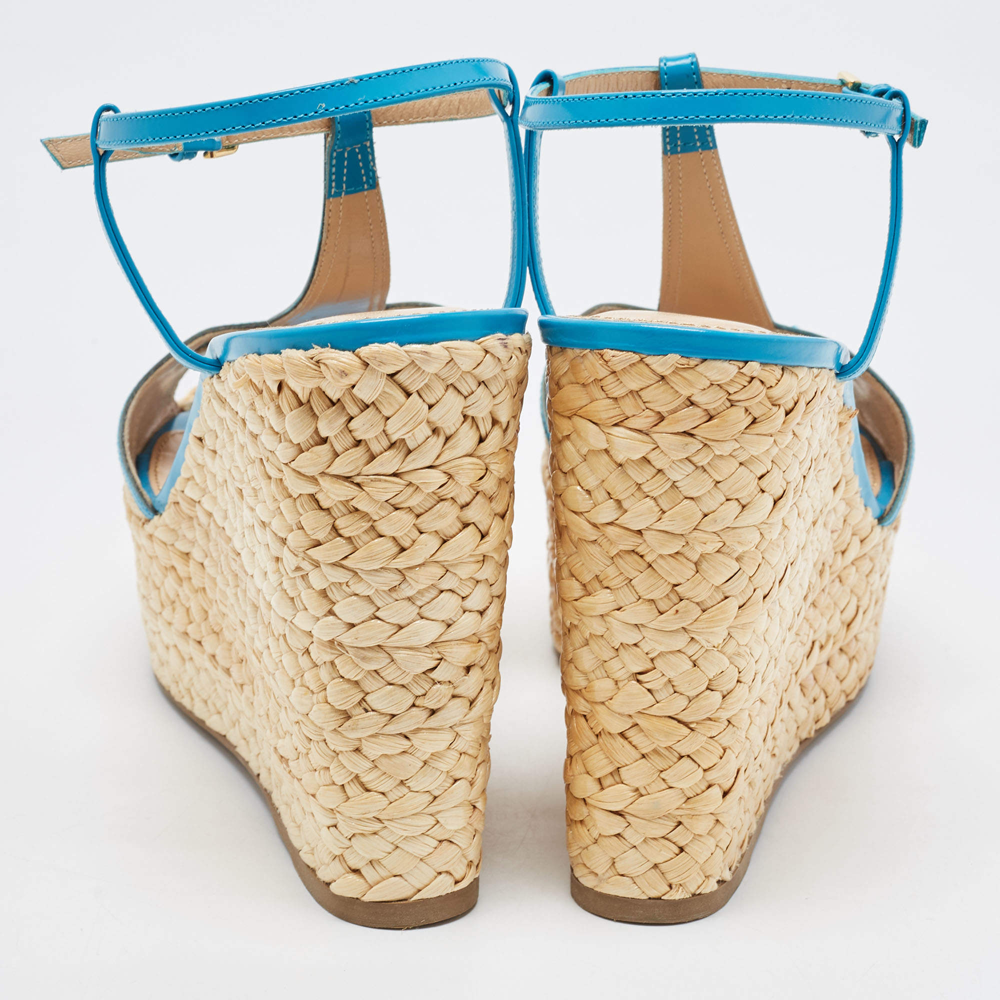 Sergio Rossi Blue/Beige Leather and Raffia Ankle Strap Espadrille 