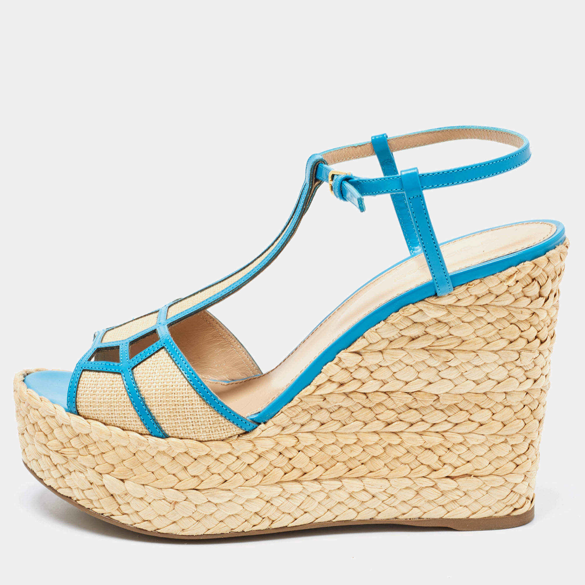 Pre Owned Sergio Rossi Blue/Beige Leather and Raffia Ankle Strap Espadrille Wedge Sandals Size 39.5