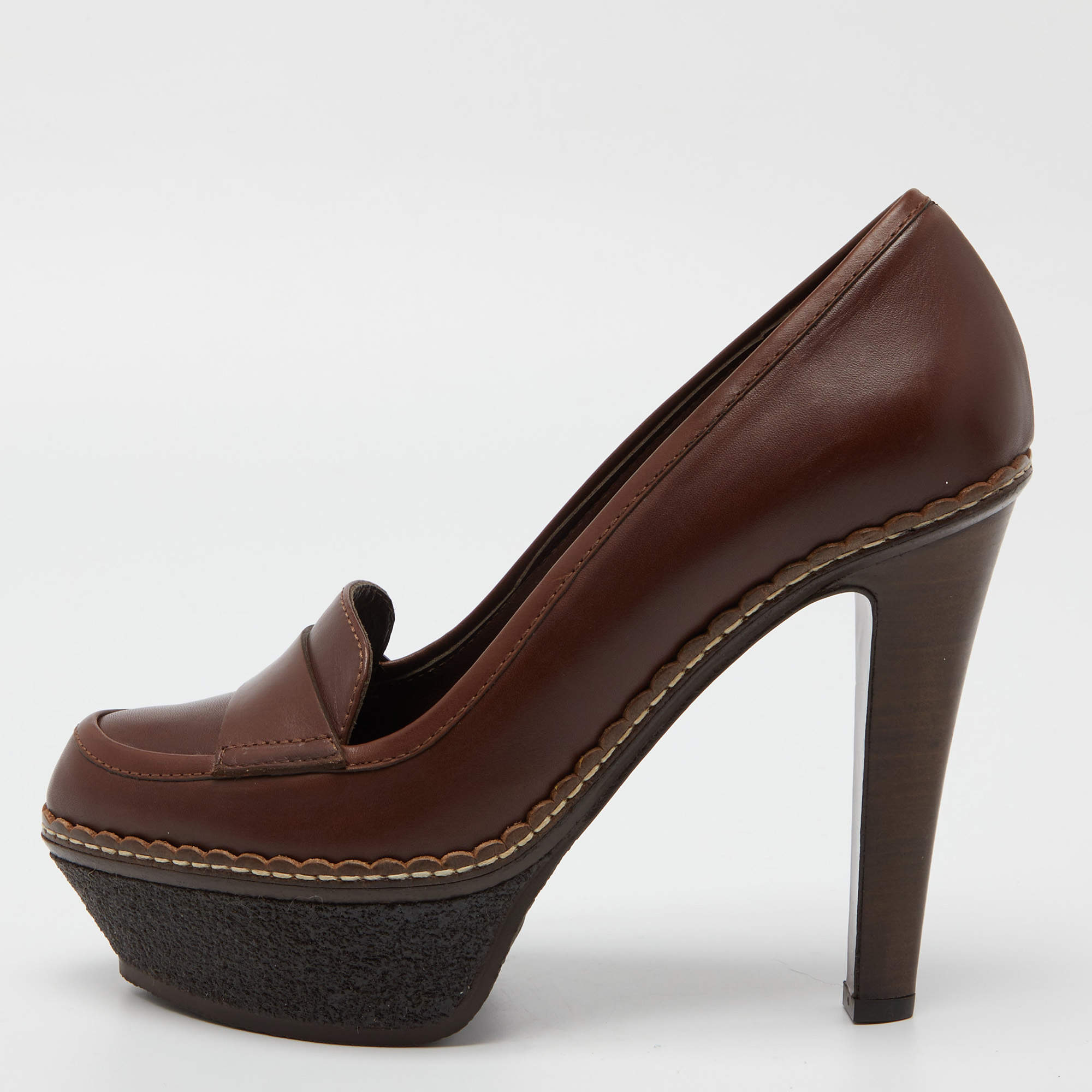Pre Owned Sergio Rossi Brown Leather Platform Pumps Size 37.5