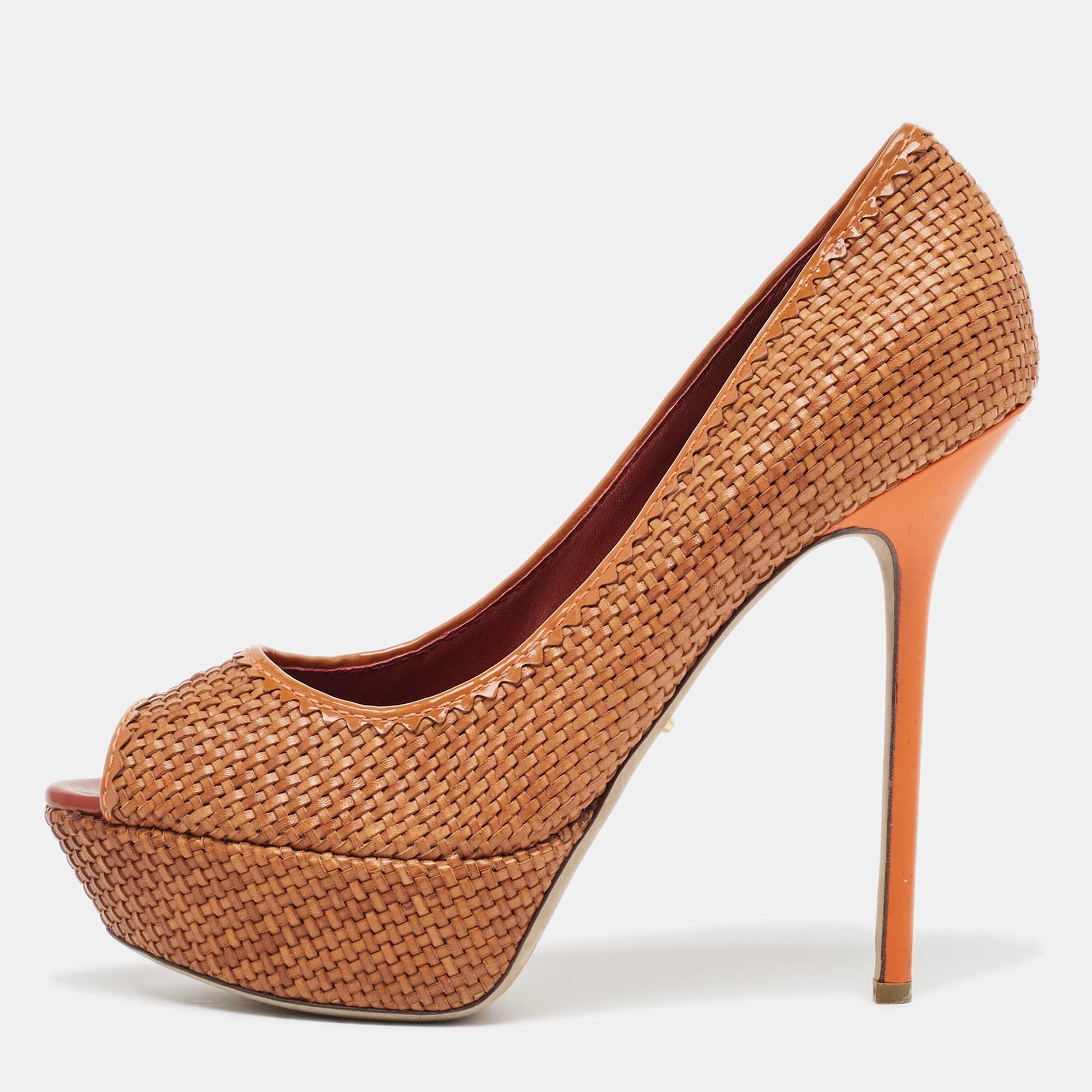 Sergio Rossi Brown Woven Leather Peep Toe Pumps Size 41