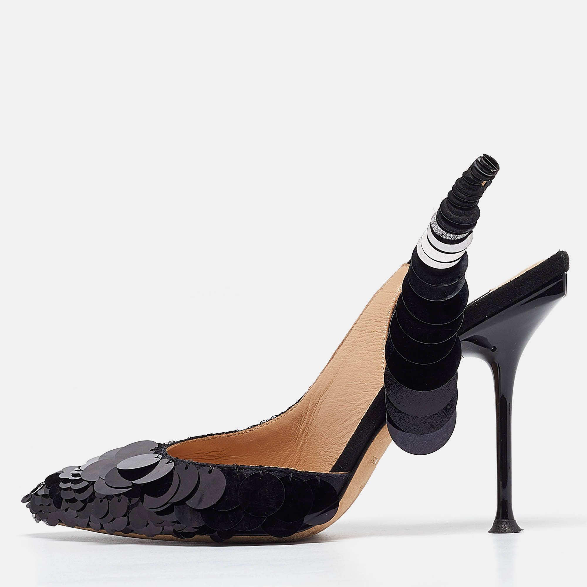 Pre Owned Sergio Rossi Black Satin and Sequin Slingback Pumps Size 36