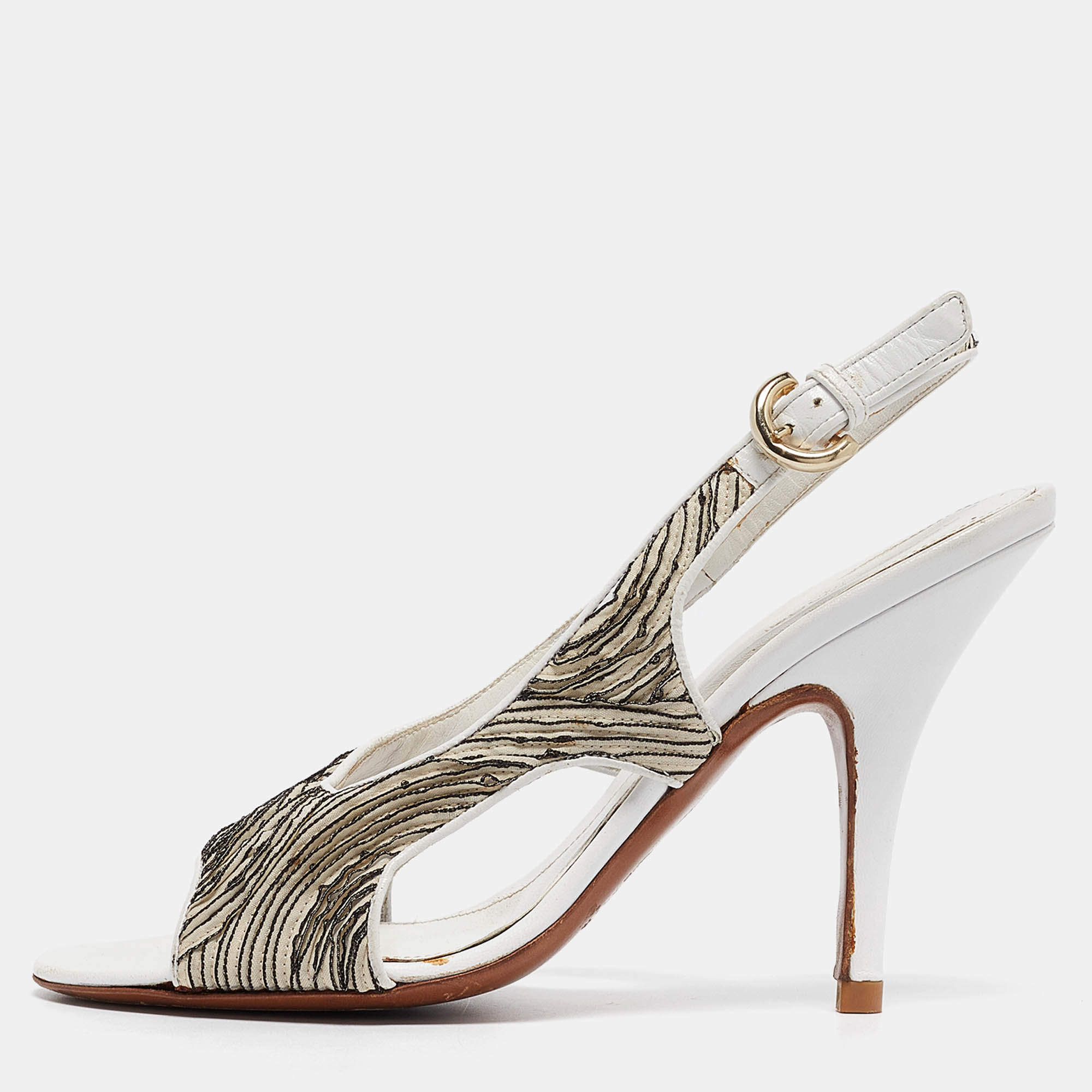 Sergio Rossi White/Black Pleated Fabric Slingback Sandals Size 39