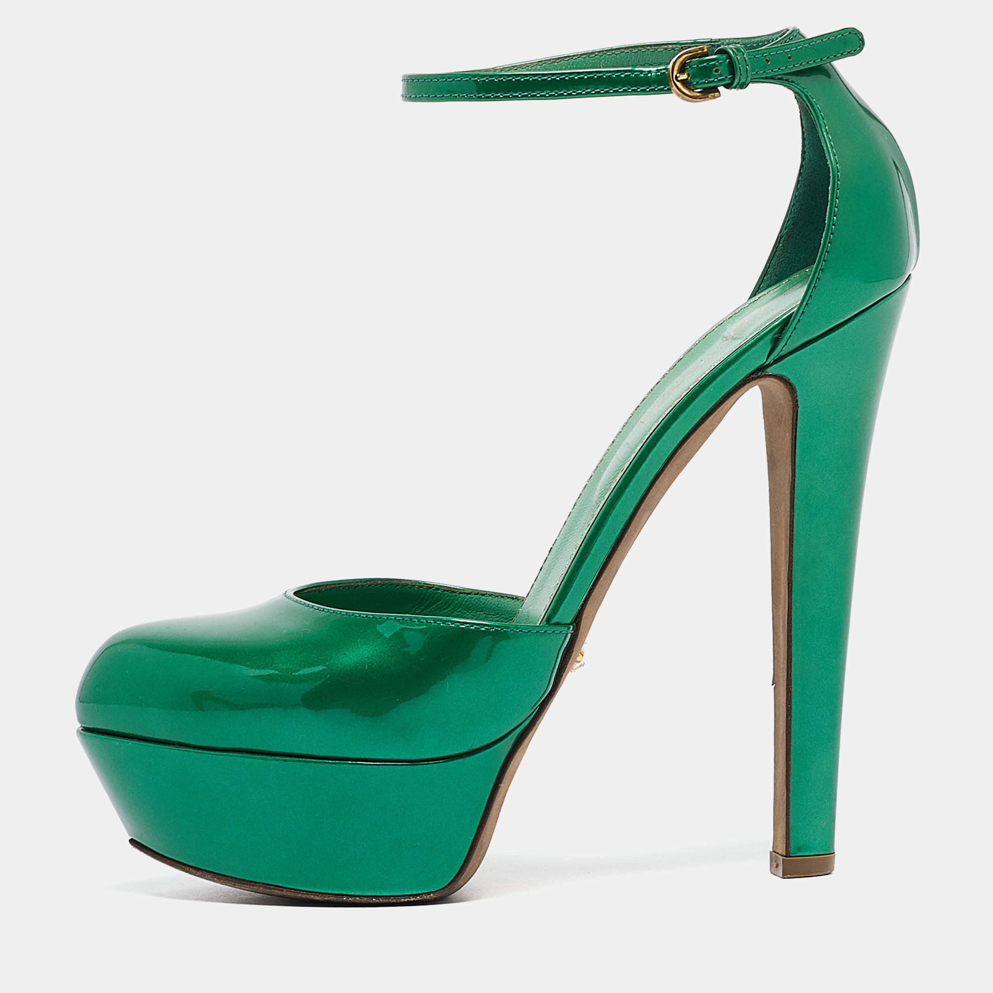 Pre Owned Sergio Rossi Green Patent Leather Ankle Strap Platform Pumps Size 36.5